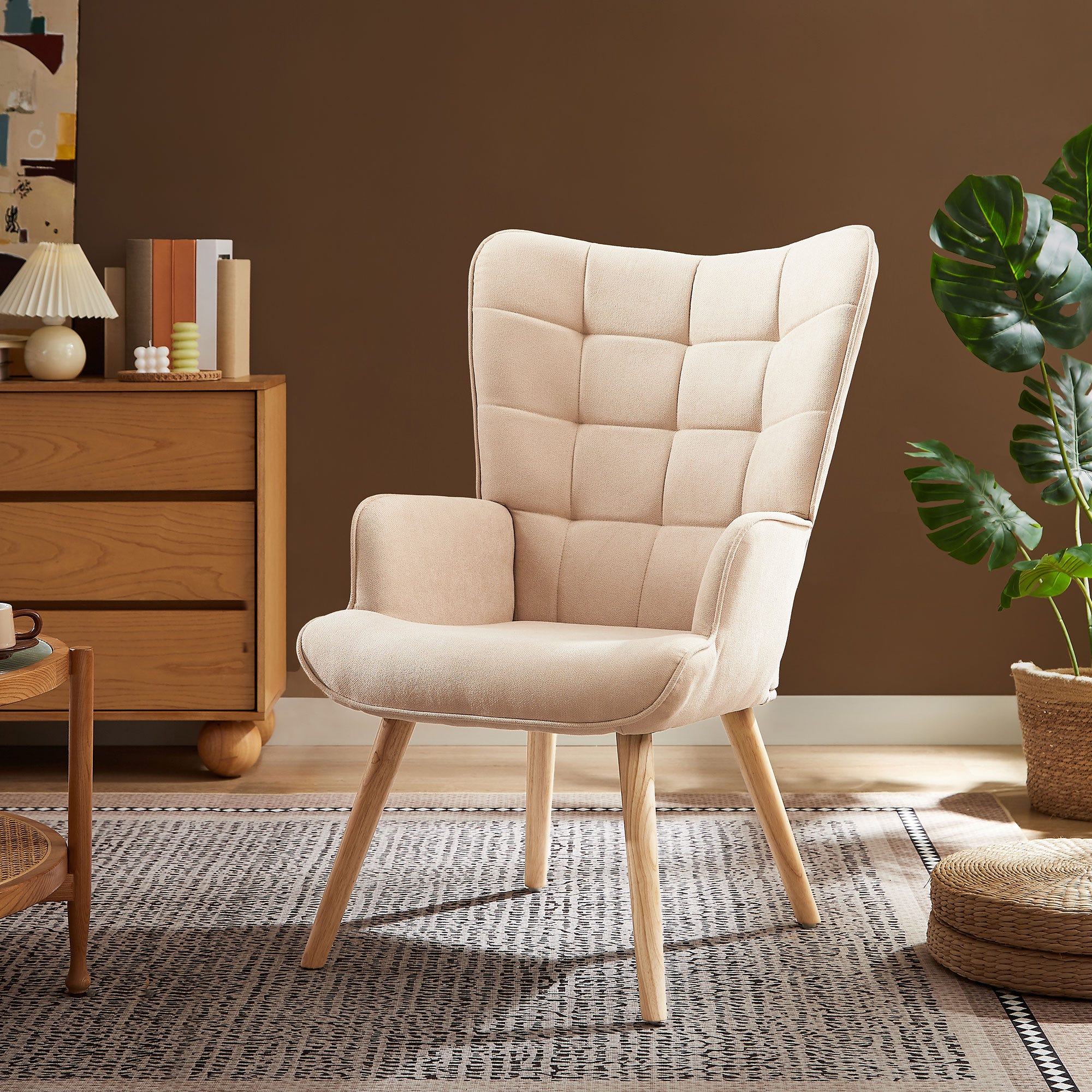 Fauteuil scandinave STELLA tissu beige avec surpiqûres Leroy Merlin
