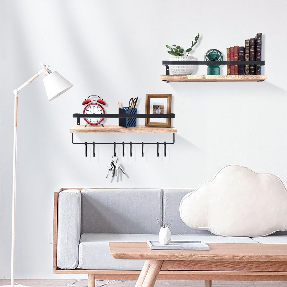 Lot de 2 Étagères Murales en Bois avec Porte-Serviettes et Crochets, , pour Cuisine, Salle de Bain - 2