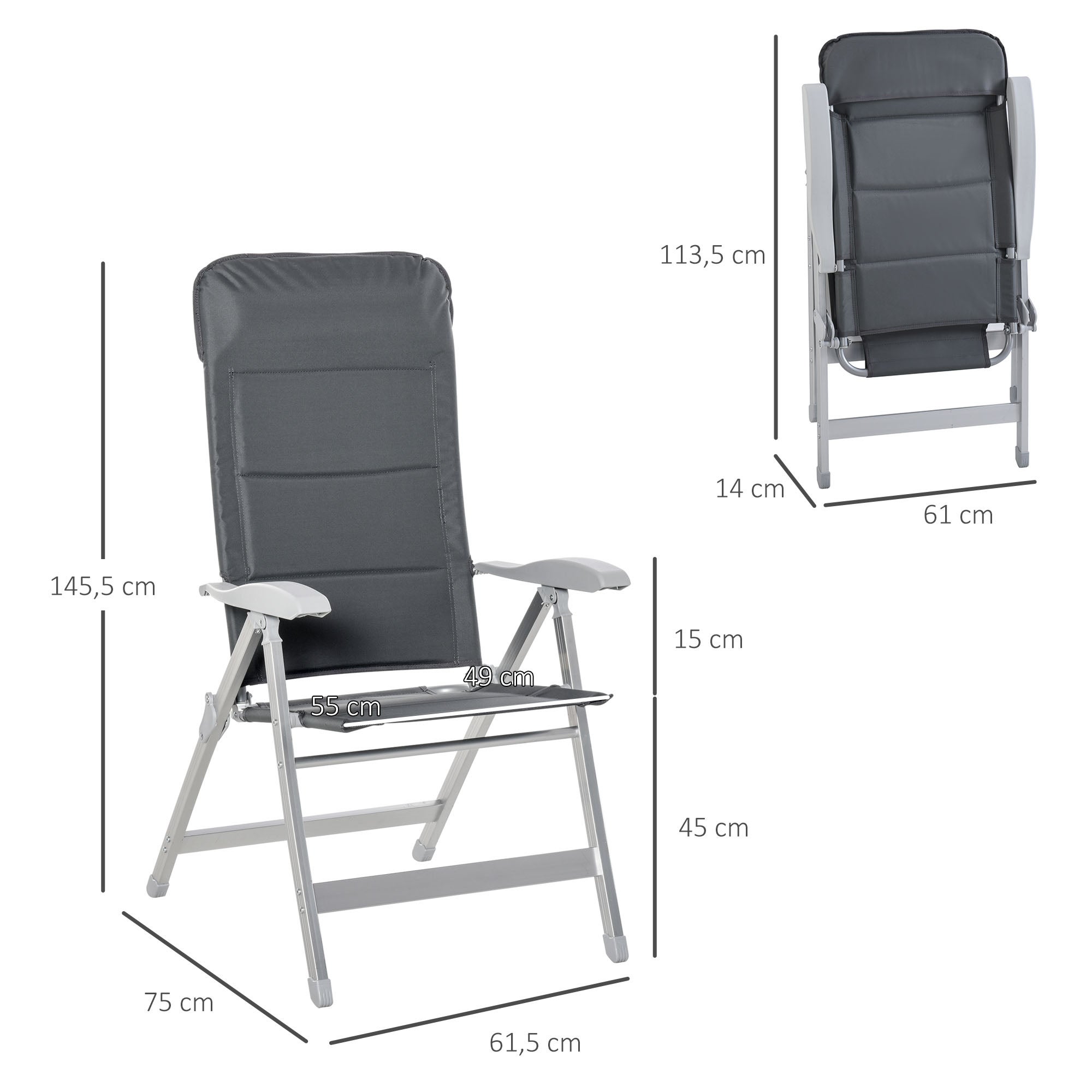 Lot de 2 chaises de jardin pliantes fauteuil d'extérieur avec dossier haut inclinable multipositions accoudoirs - 5