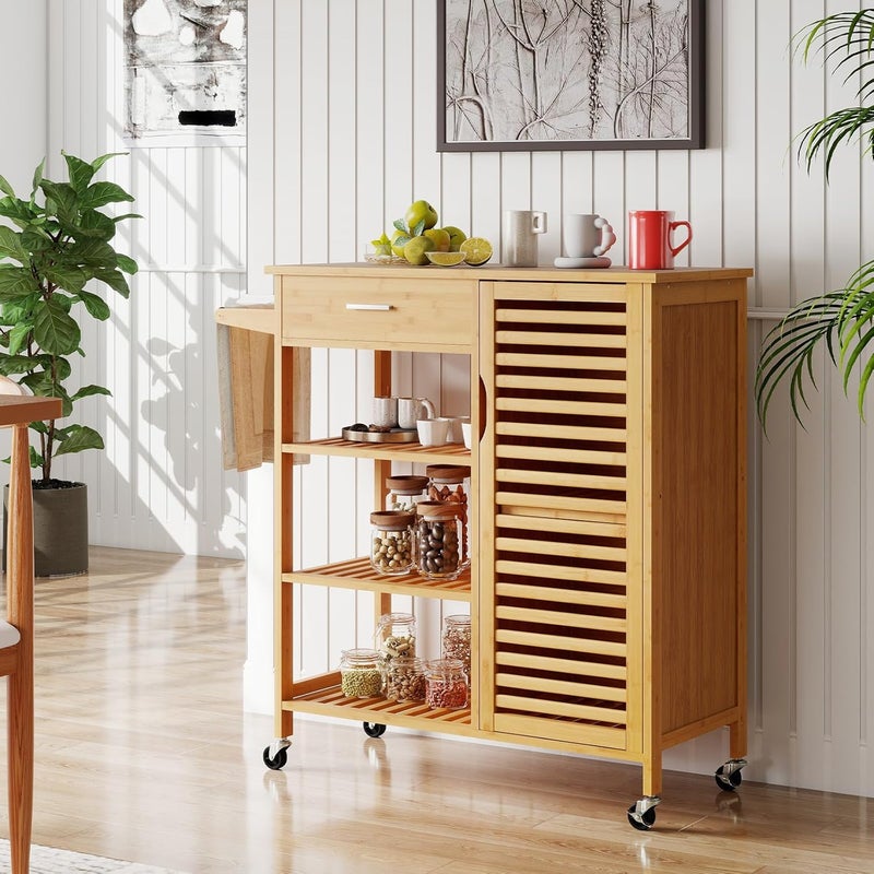 Wózek Kuchenny na Kółkach, Bambusowy Kosz Bufetowy z Przestronnym Blatem, 3 Półkami, Szafką i Wieszakiem na Ręczniki do Przechowywania Żywności