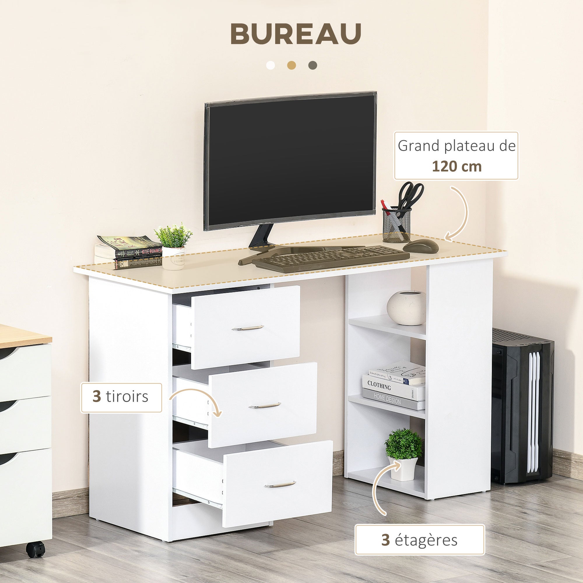 Bureau avec rangement, table informatique 120 x 50 cm, bureau d'ordinateur avec étagères et tiroirs, pour petits espaces, chambre à coucher, blanc - 6