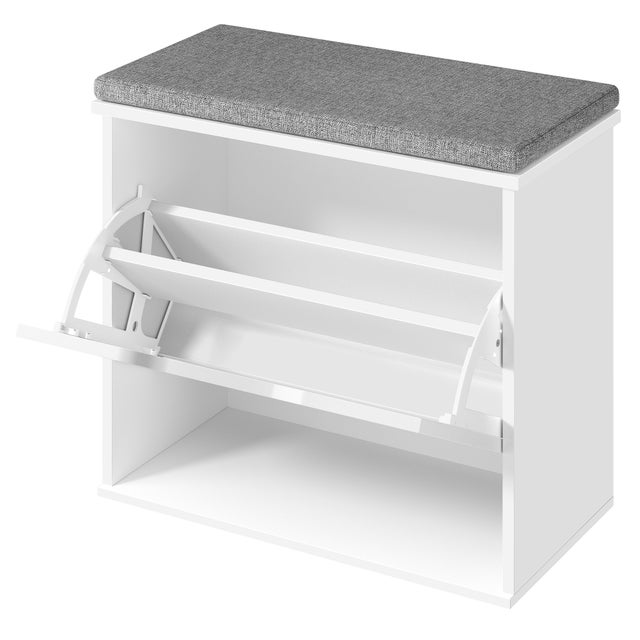 Banc à Chaussures Rembourré, Meuble d’Entrée sur 3 Niveaux pour 6 Paires de Chaussures, Tiroir Rabattable, 30 x 60 x 53,5 cm, Blanc Nuage et Gris