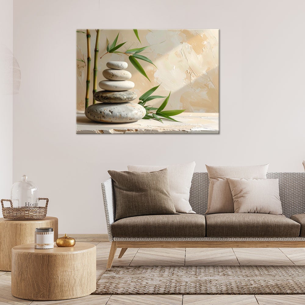 Obraz do salonu sypialni kuchni, Kamienie zen spa liście bambusa beżowy 90x60 - 2
