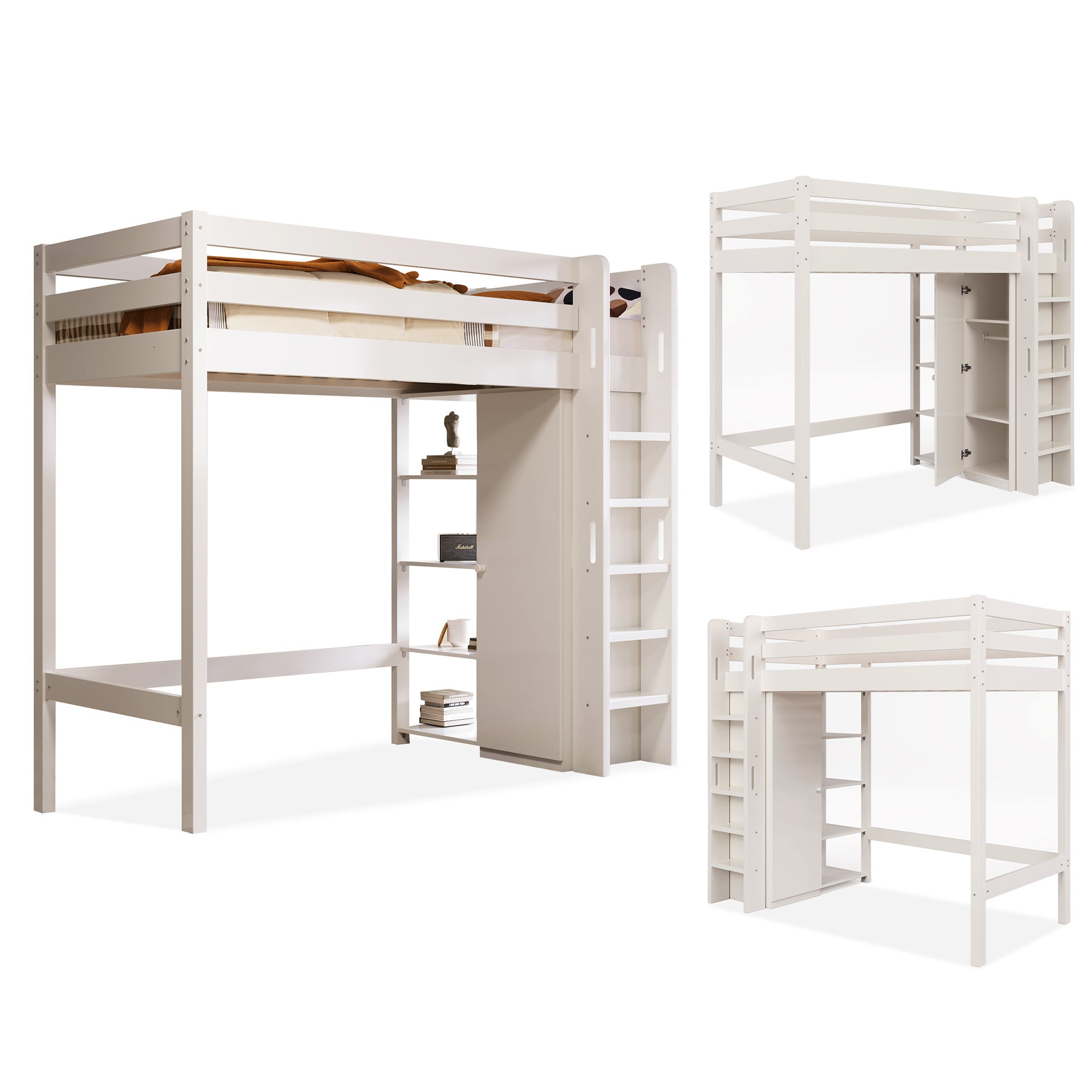 Lit mezzanine 90x200 cm - avec étagères - avec échelle de sécurité - avec 1 porte et 1 tiroir - blanc | Leroy Merlin