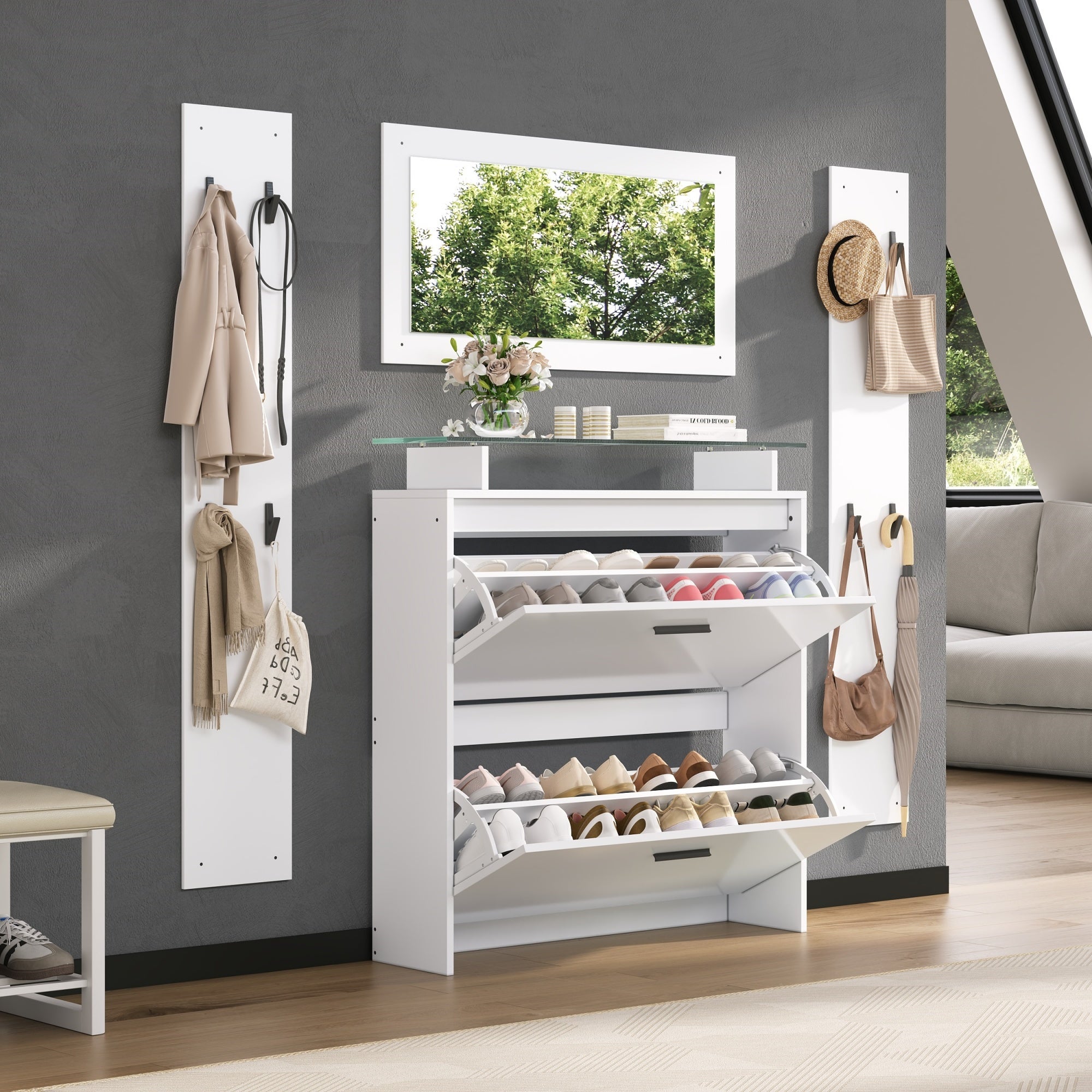 Szafka na buty, lustro i 2 półki na kapelusze - 89,5 x 23 x 96,5 cm - Płyta wiórowa - Biały
