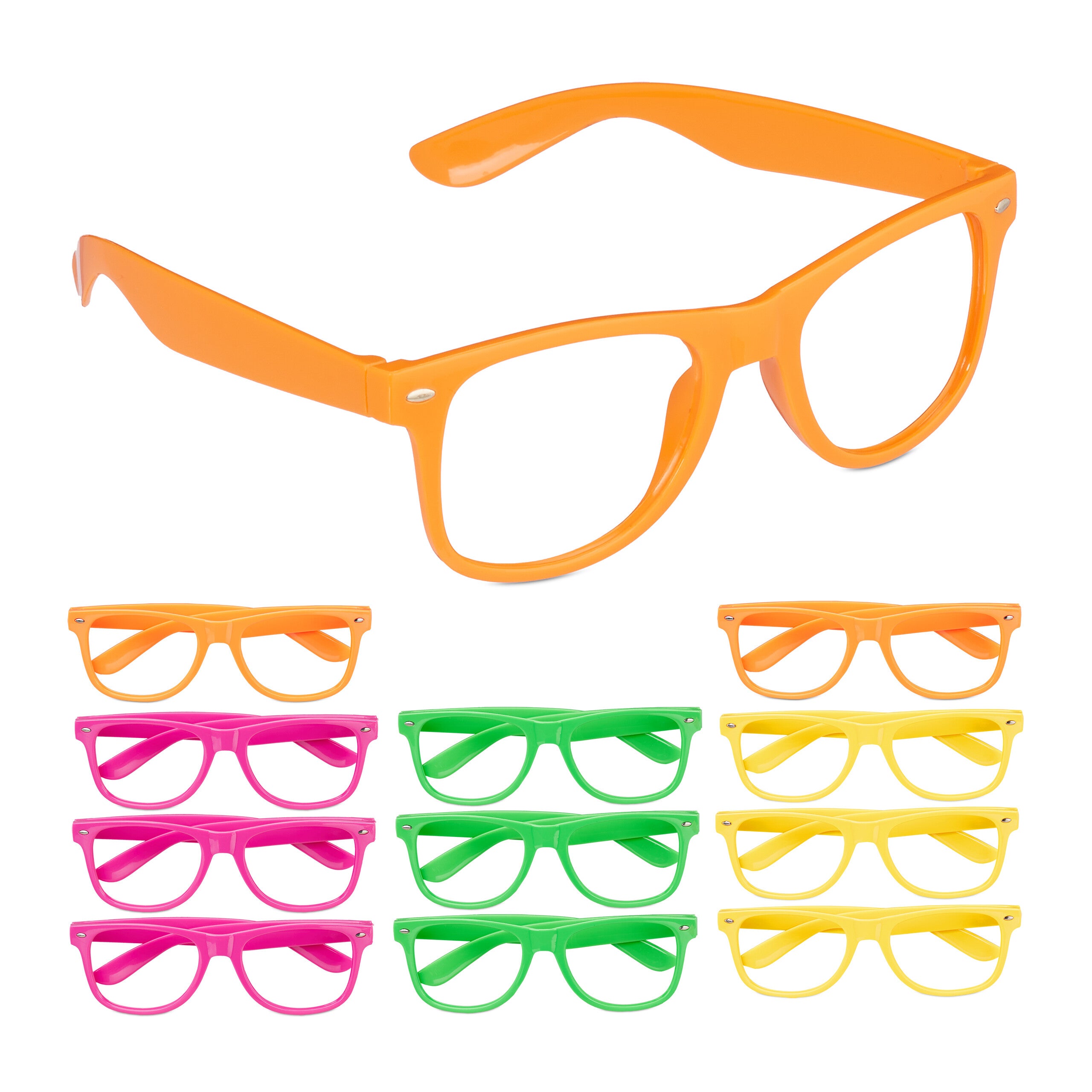 Relaxdays pack 12 gafas de fiesta, lentes para carnavales o festivales, plástico, anteojos neón sin vidrios, multicolor