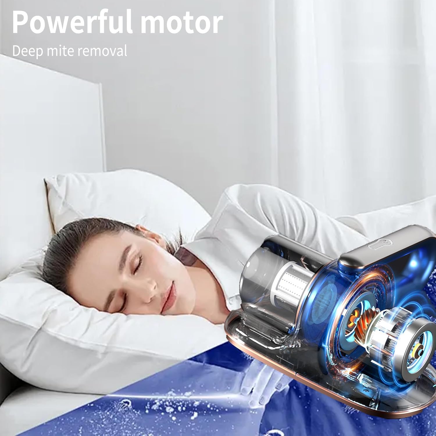 Aspirateur pour matelas, aspiration 13 kPa, avec lumière UV, filtre HEPA, puissance haute fréquence, convient aux lits, oreillers et canapés (bleu) - 5