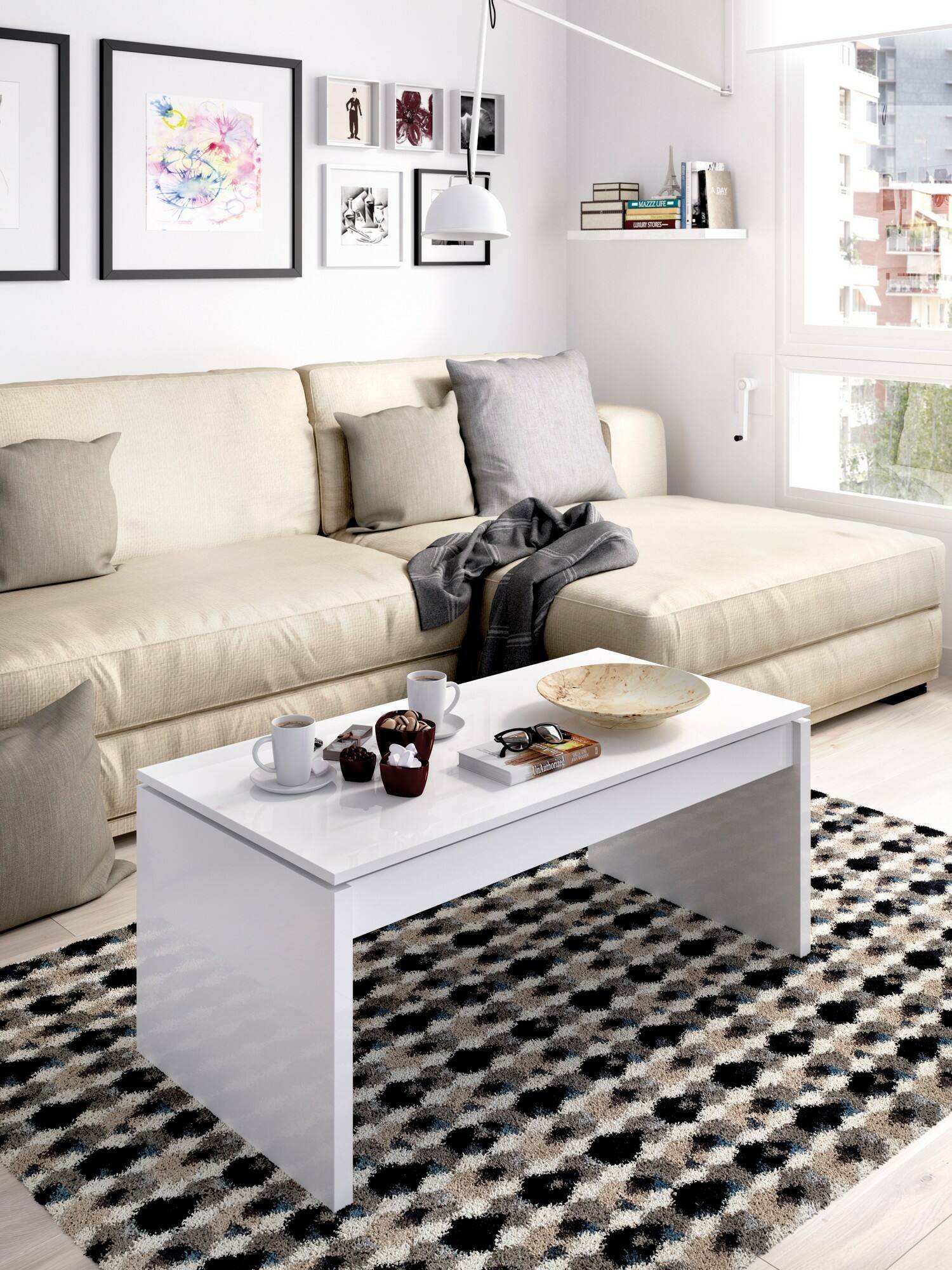 SHOWHA Table Basse Blanche Rectangulaire 90x45x43 Cm - Buffet Bas Avec Rangement, Pieds Métal, Design Moderne