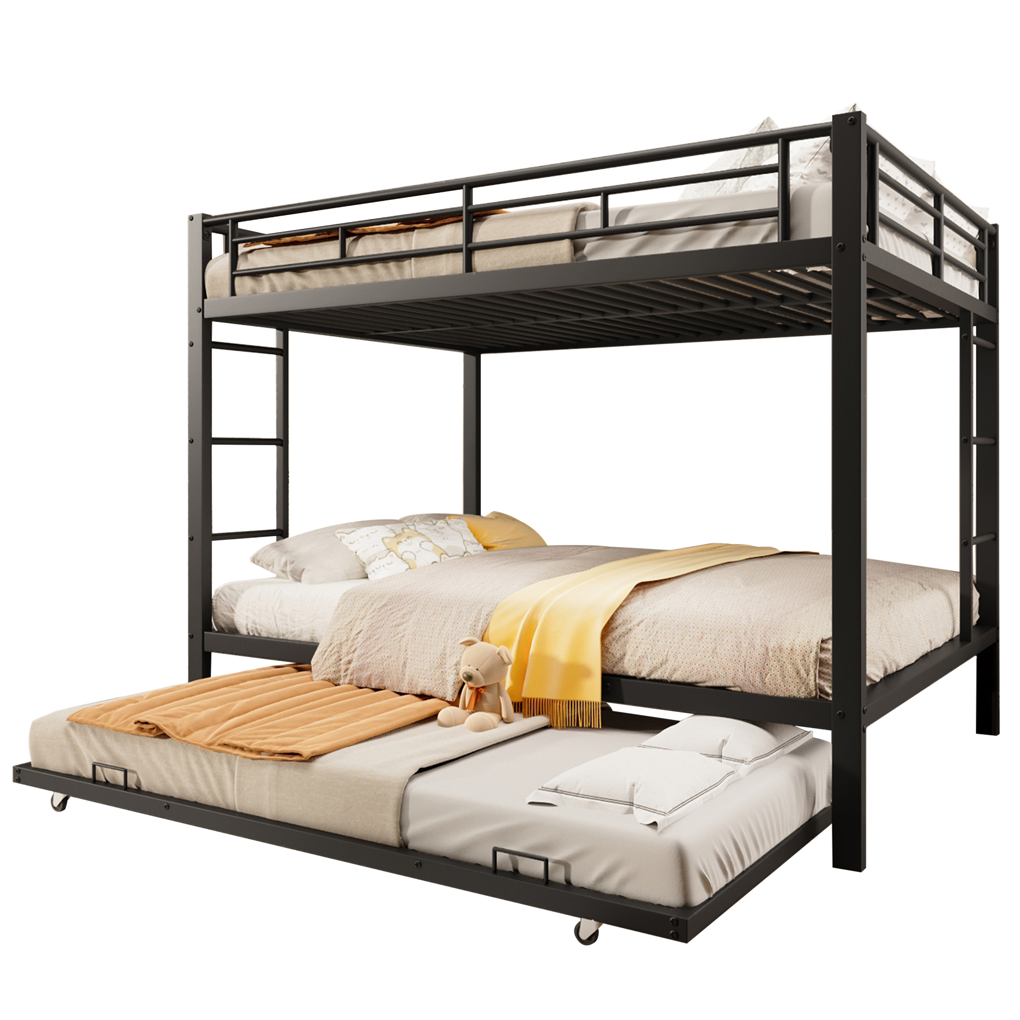 Lits superposés 2 x 140 x 200 cm avec lit gigogne 90 x 190 cm - Cadre en métal - Noir (sans matelas) - 8