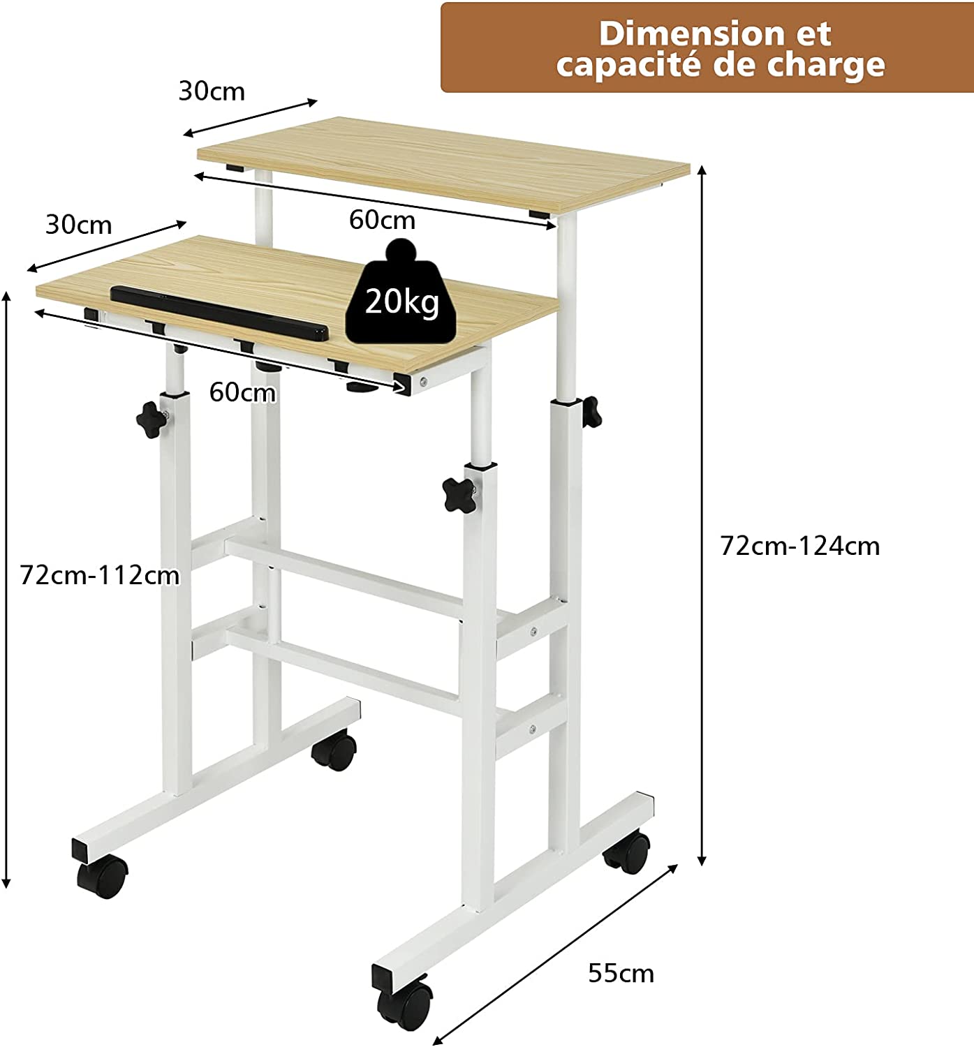 Bureau assis-debout à roulettes, table informatique à 2 niveaux pour ordinateur - 4