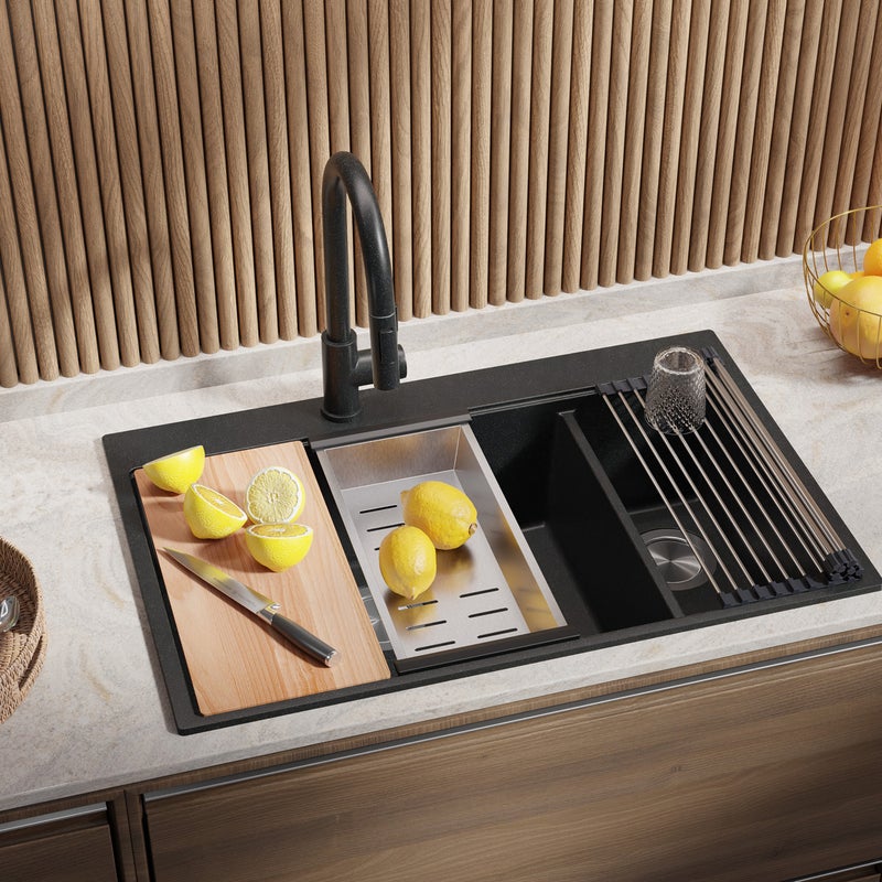 Zlewozmywak Grafitowy 78x50cm, Zlew Kuchenny 2 Komorowy + Syfon + Deska, Nablatowy do szafki od 80cm - Oslo Duo PRIMAGRAN
