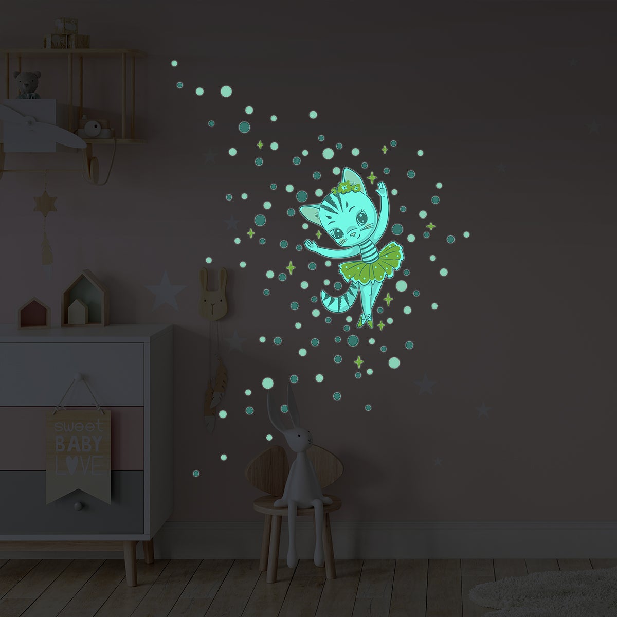 Adesivos fosforescente gatto ballerina + 100 cerchi colorati - Sticker adesivo - adesivi murali - 80x50cm - 7