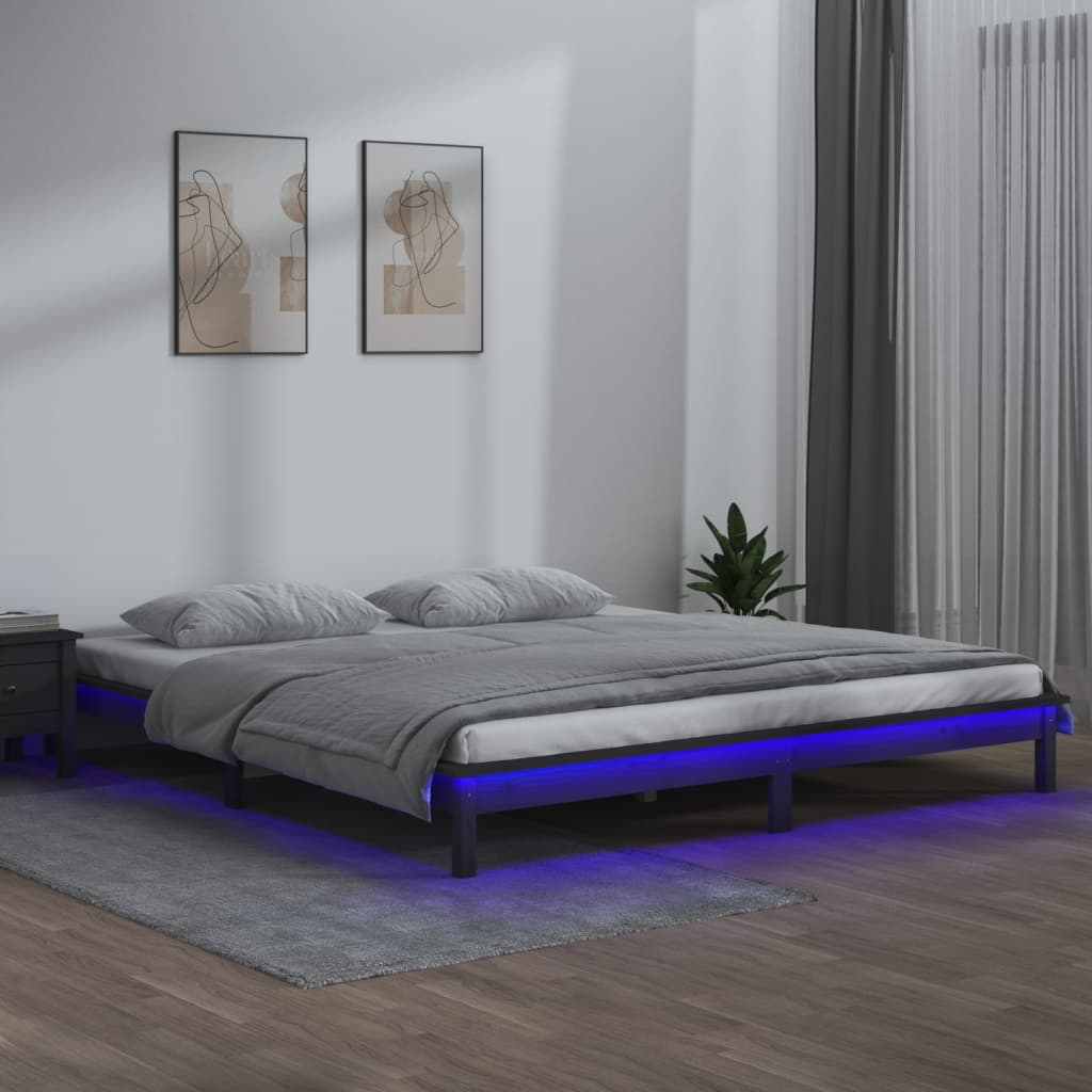 Rama łóżka z LED, szara, 140x190 cm, lite drewno