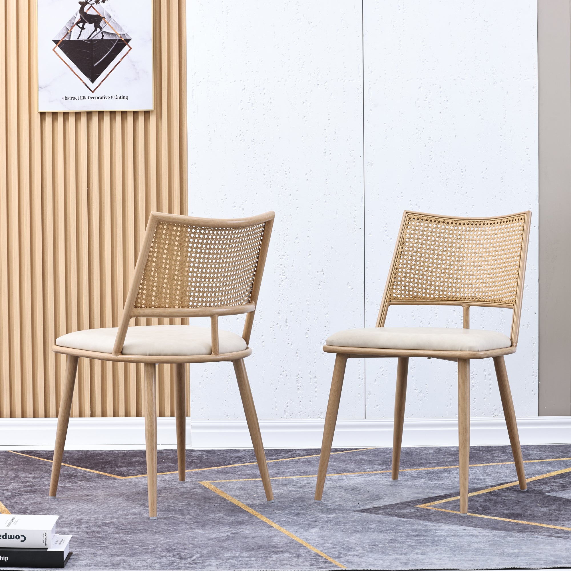 Lot de 2 chaises de salle à manger sans accoudoirs - Siège en cuir PU, dossier en rotin et pieds en métal - 50 x 48 x 80 cm - Beige - 5