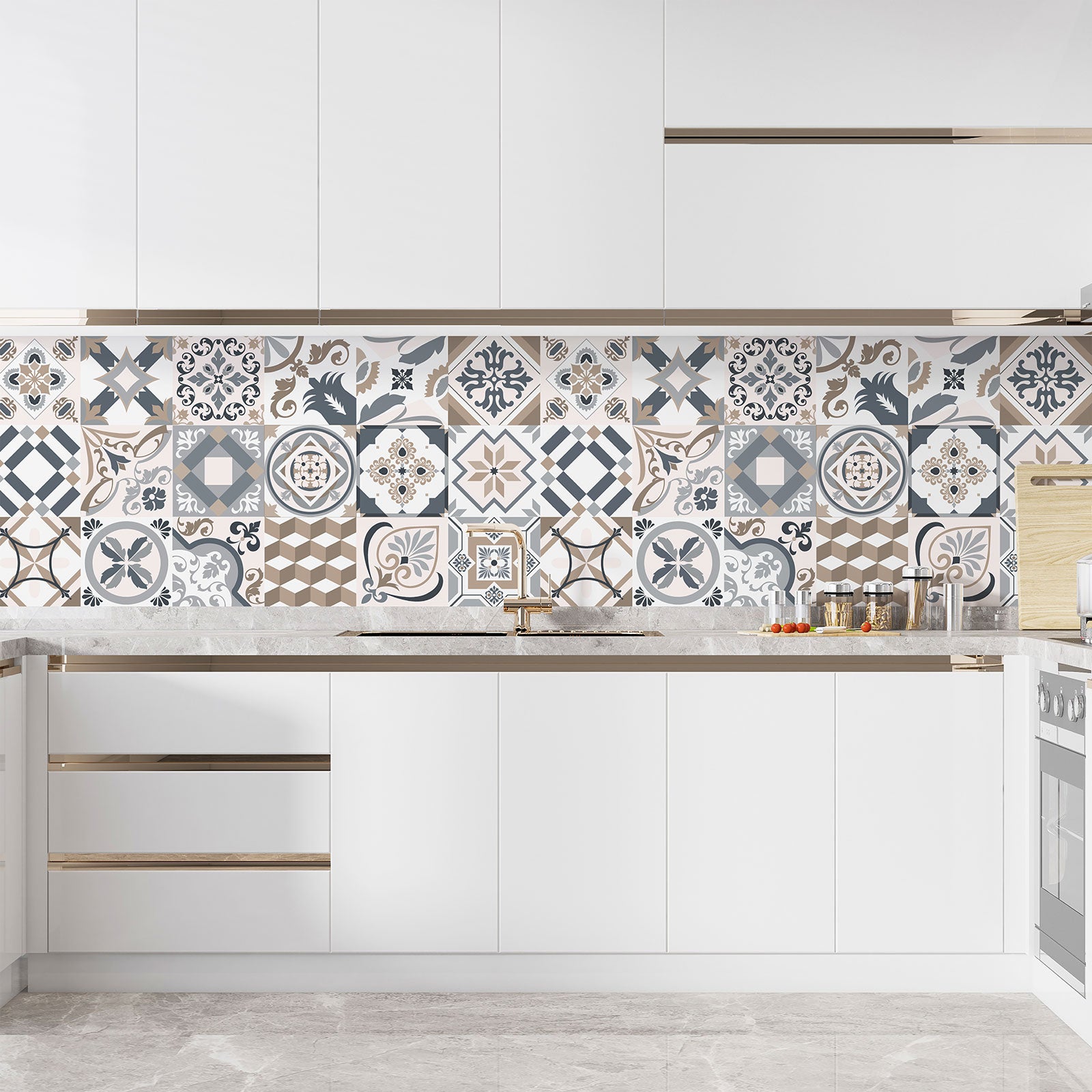 Crédence adhésive sticker décoratif pour cuisine - Effet carreaux de ciment - Adhésif MAT - 60x120 cm - 3