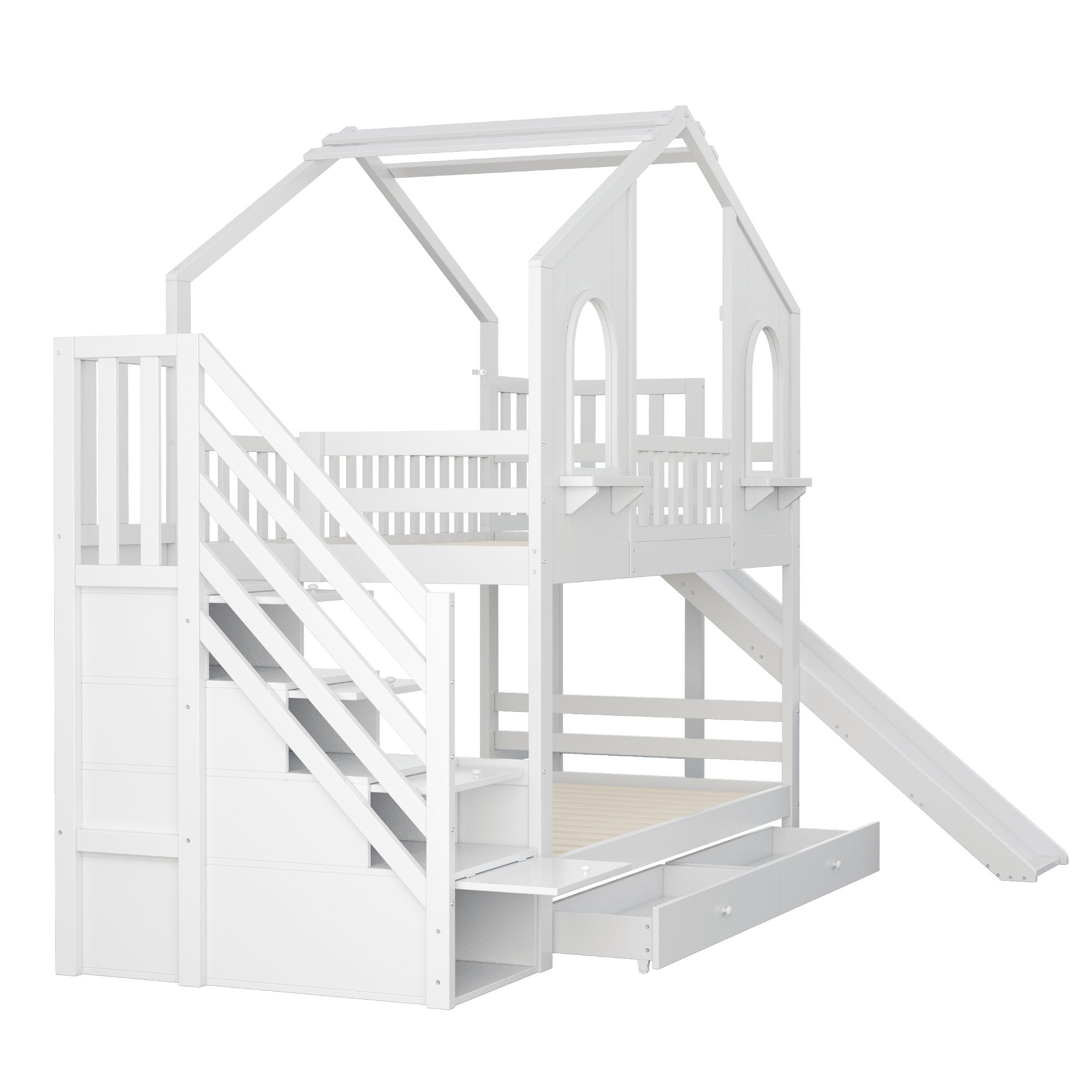 Łóżko piętrowe dziecięce 90x200 cm - Design domku - z drabinką schodkową + zjeżdżalnią - z 2 szufladami - biały (materac nie jest wliczony w cenę) - 8