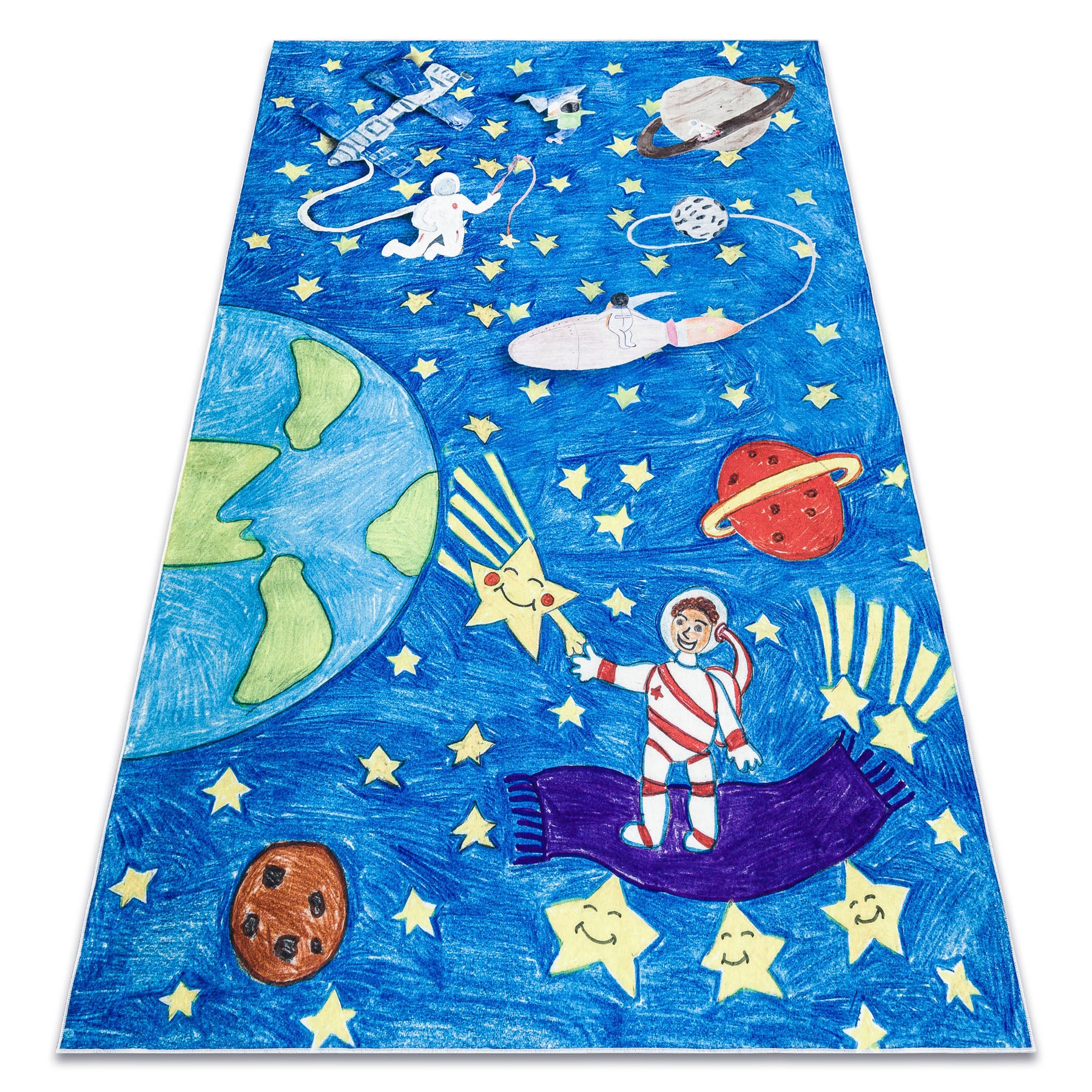 Alfombra lavable bambino 2265 cohete espacial para niños antideslizante - azul 160x220 cm