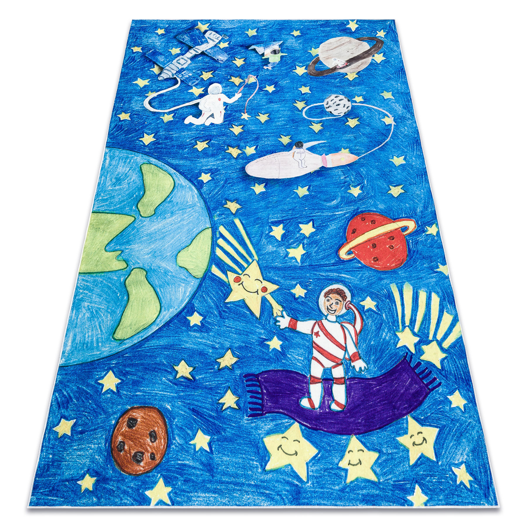 Alfombra lavable bambino 2265 cohete espacial para niños antideslizante - azul 160x220 cm
