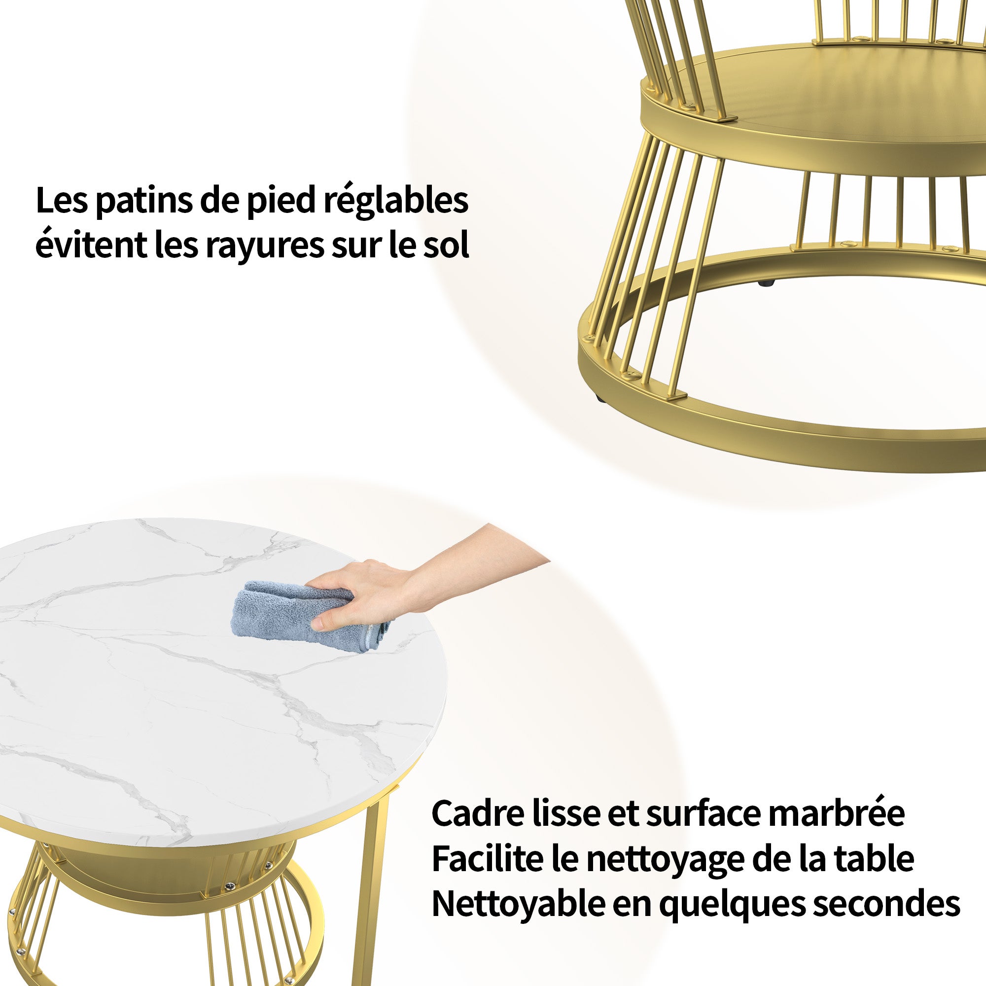 Ensemble de 2 Tables Basses Rondes, Tables Gigognes de Salon Modernes avec Pieds en Métal Doré, Blanc et Or(70 x 45.5cm) - 6