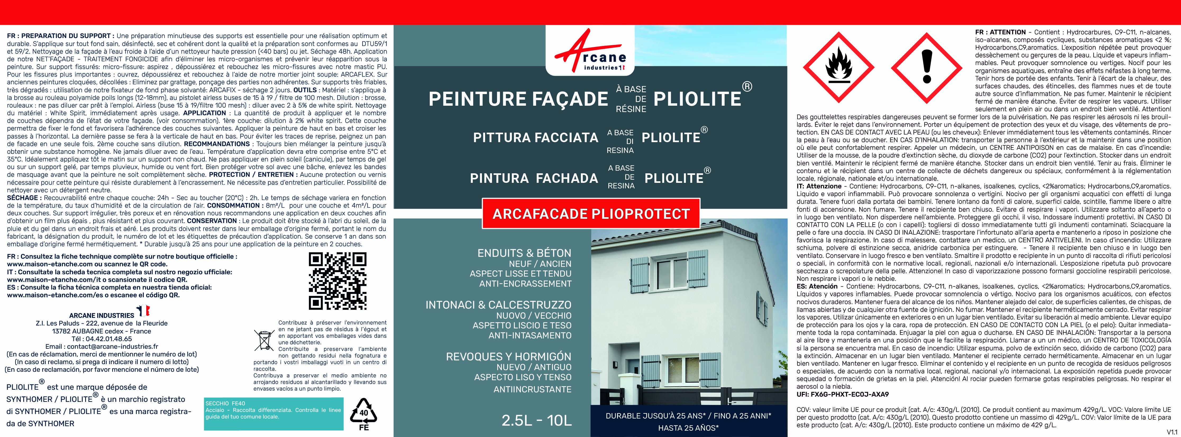 Peinture Façade Solvantée Pliolite - ARCAFACADE PLIOPROTECT - 2.5 L (+ ou - 20 m² en 1 couche) Blanc Gris - RAL 9002 - ARCANE INDUSTRIES - 8