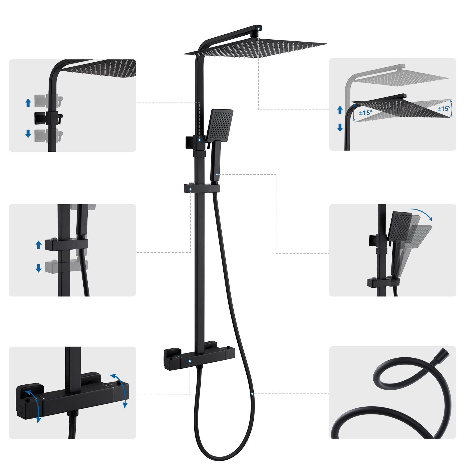 Columna de ducha termostática Auralum Max,columna ducha con mezclador/teleducha de 30 x 30 cm,altura del rociador ajustable entre 80 y 124 cm,negro - 8