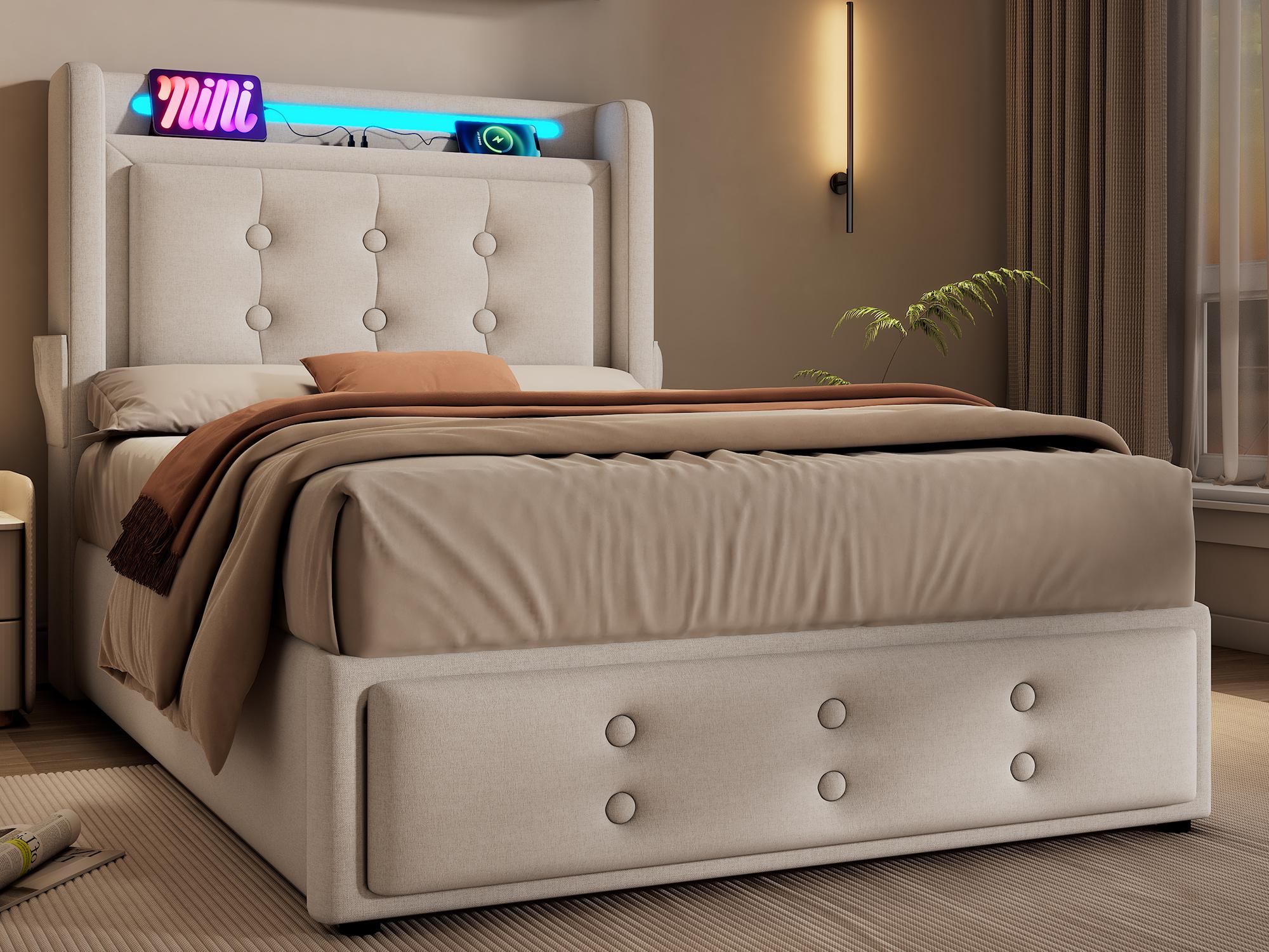 Letto contenitore 90x200 cm in tessuto di lino - con LED e prese di ...