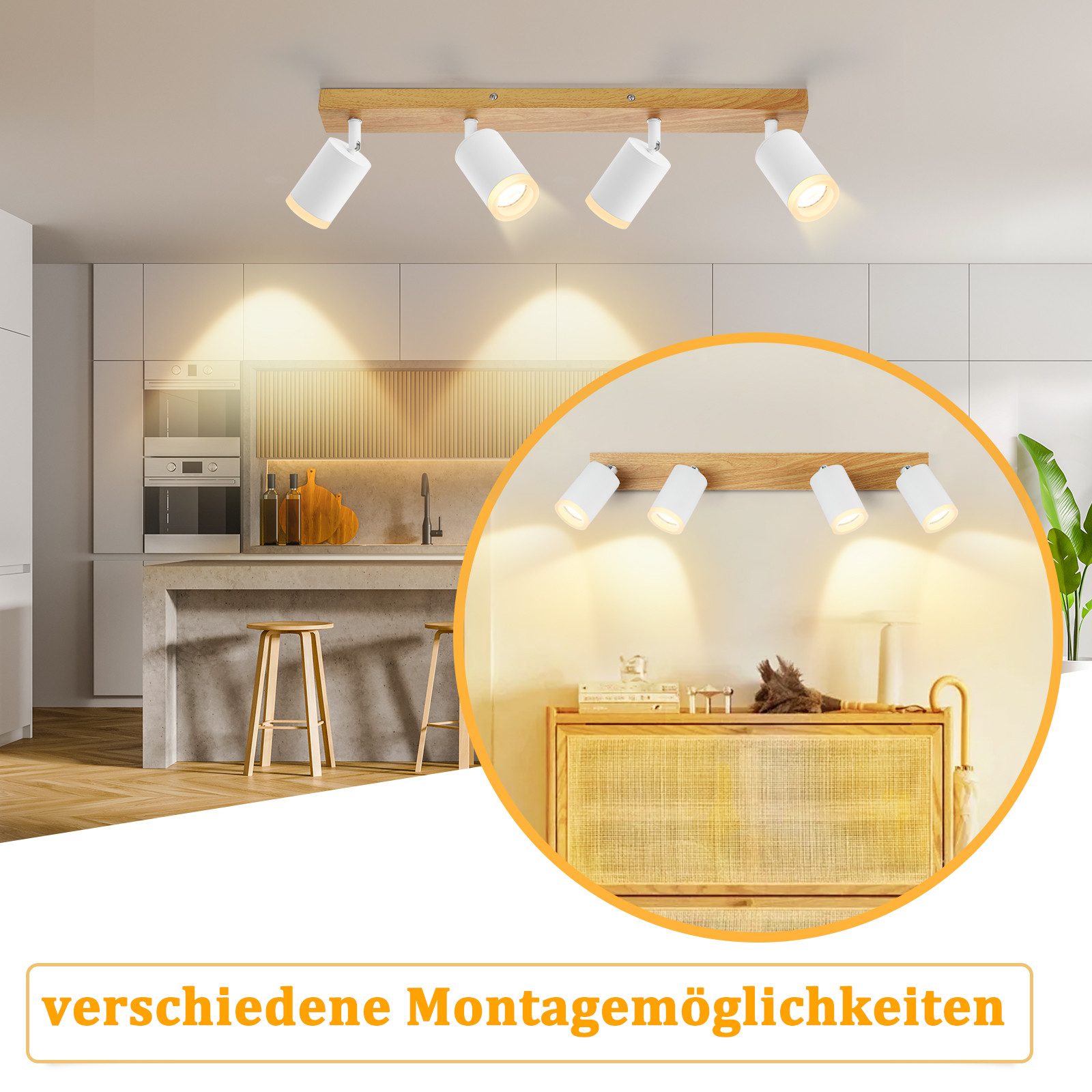 ZMH Foco de techo LED de 4 llamas GU10 madera-acrílico Lámpara de techo giratoria 350° Salón - 3