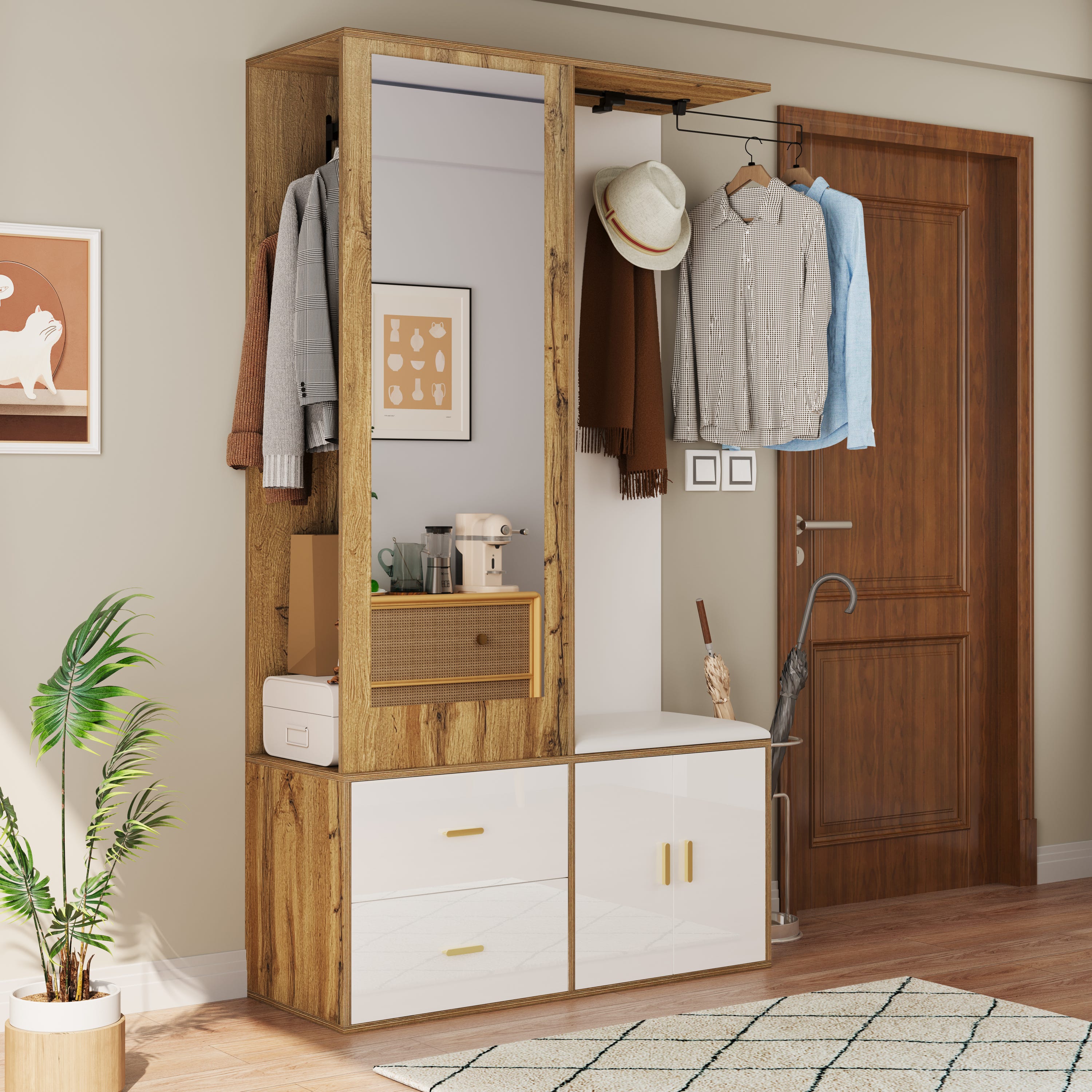 Elegante Armario recibidor en blanco y color madera,mueble recibidor ...