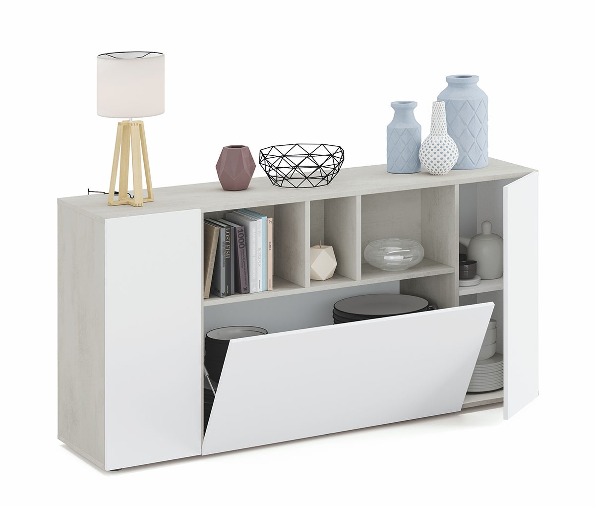 Buffet meuble de rangement avec 3 portes coloris Béton / blanc artic - Longueur 150 x Hauteur 76 x Profondeur 41 cm - 3
