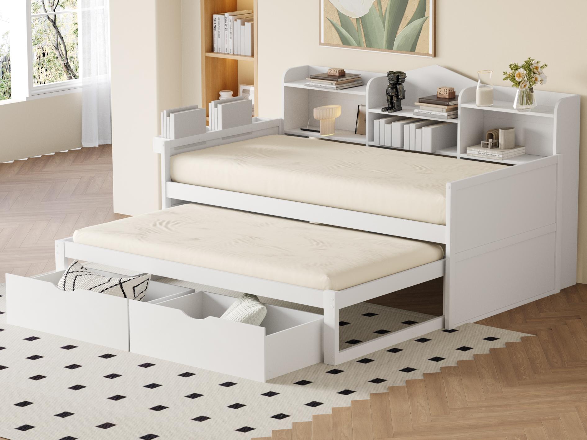 Drewniane łóżko pojedyncze 90x200cm - z łóżkiem wysuwanym 90x190cm i 2 szufladami - z wtyczką USB - Biały