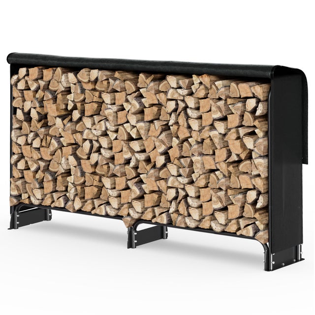 Abri range-bûches 2m avec housse noire - Serre bûche en métal - Support bois de chauffage pour cheminée et extérieur - VOUNOT®