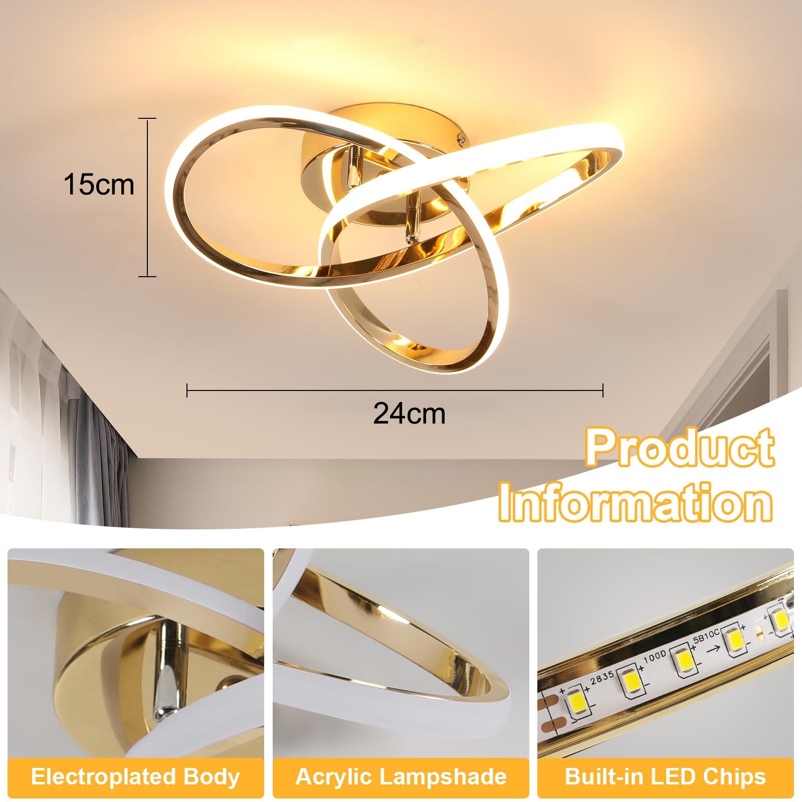 Plafonnier LED, Lustre LED basse consommation, Plafonnier moderne, Luminaire d'allée LED design, 3 températures de couleur (3000K-6000K) - 4