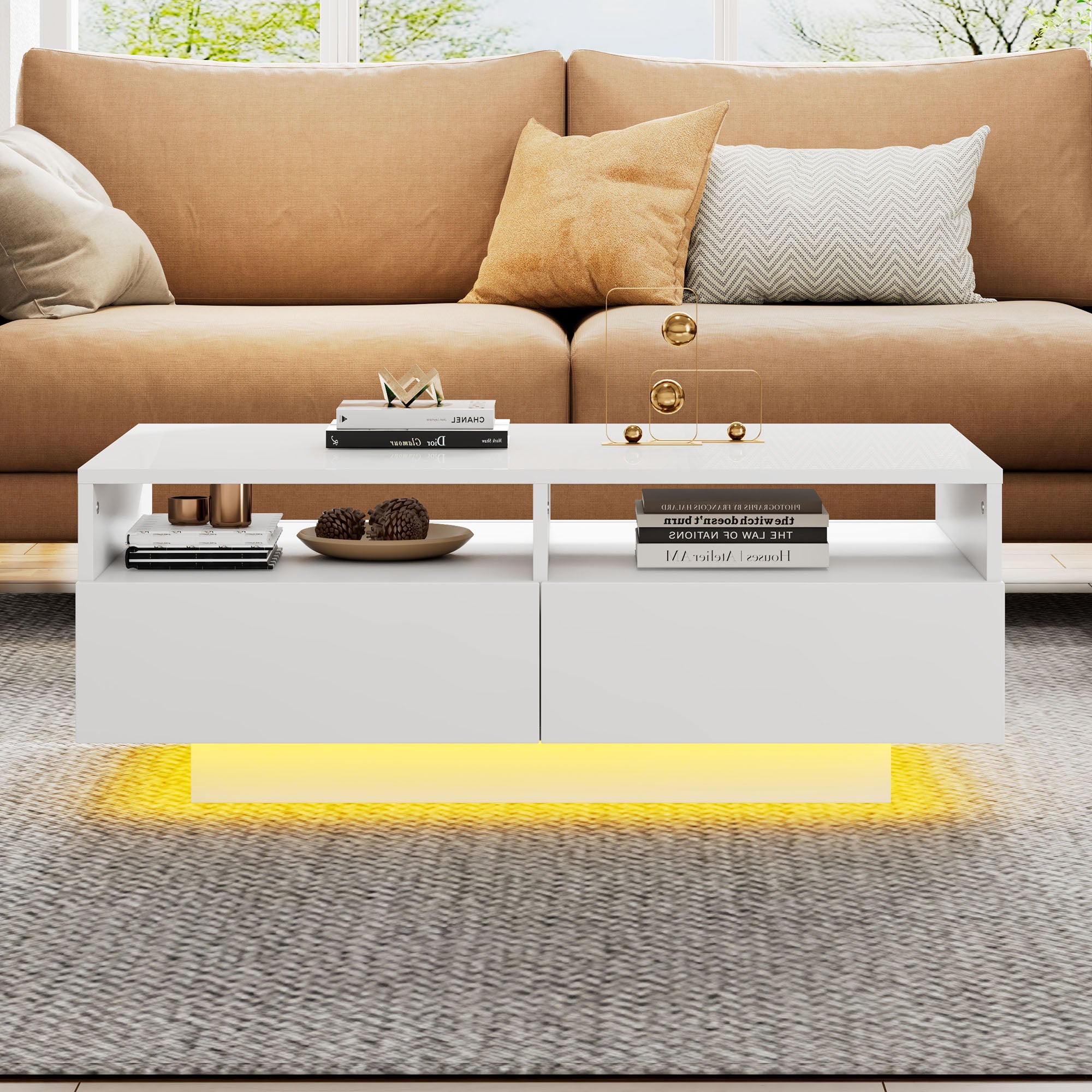 Jasny stolik kawowy LED z 4 szufladami i 16 kolorowymi diodami LED, USB, biały