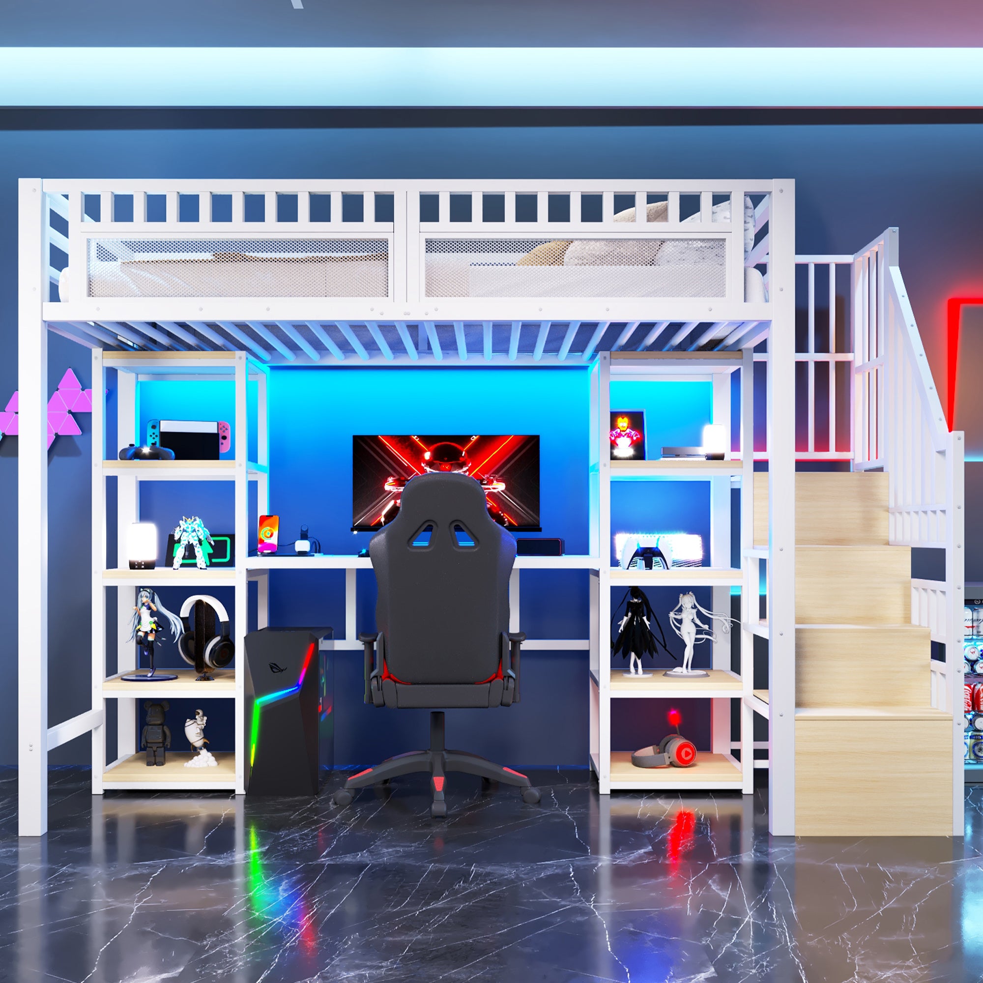 Łóżko na antresoli 90x200 cm - Zintegrowana drabina z pojemnikami - Wbudowane biurko - Listwa LED + port USB - biały​