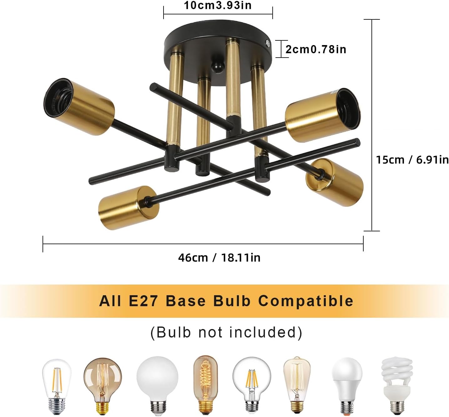 COMELY Plafonnier Industriel 4 Lumières E27 Noir et Doré, Lustre Vintage Métal, Lampe de Plafond Moderne pour Salon, Salle à Manger, Cuisine - 3