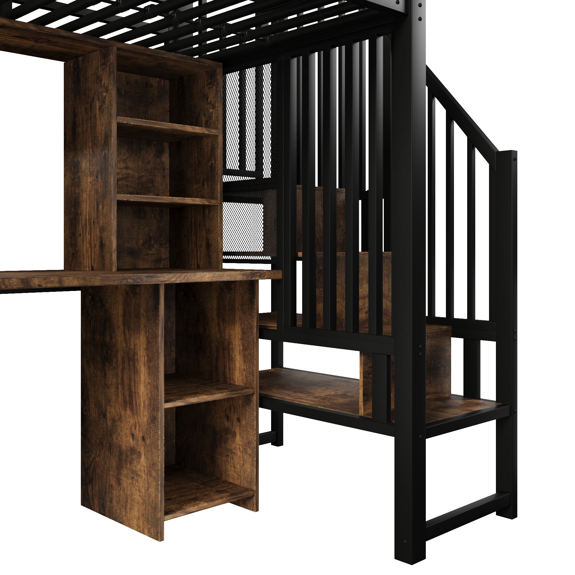Lit mezzanine avec bureau,Lit simple 90x200 cm avec penderie et rangements,Lit mezzanine en fer,avec escalier de rangement,Noir(matelas non inclus) - 7