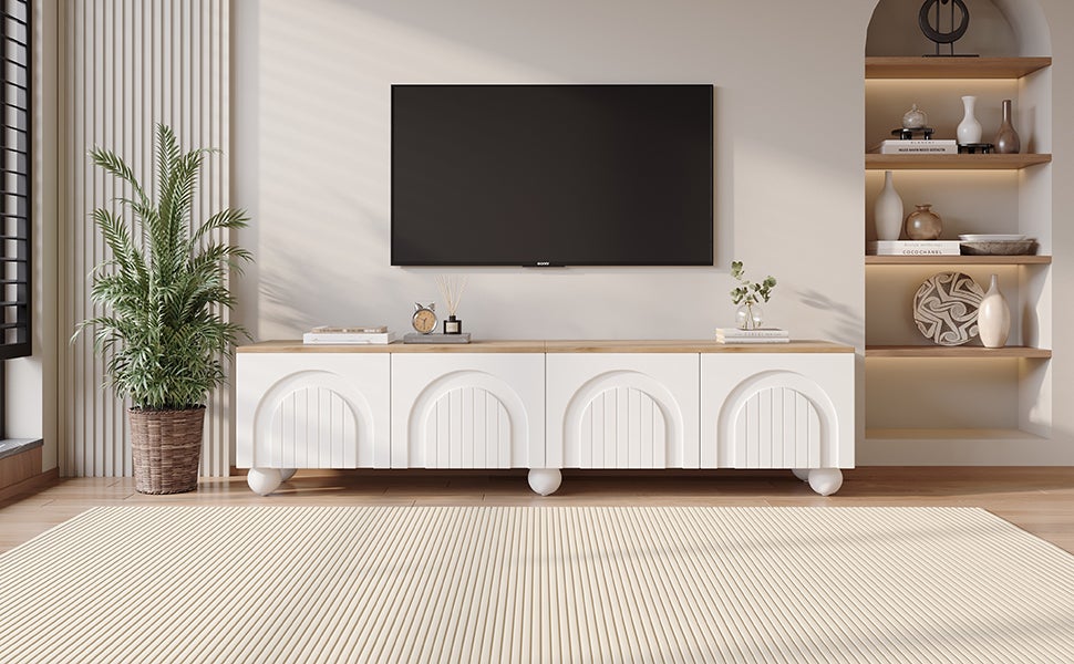 Meuble TV avec 4 portes pour tv 80 pouces - 180 x 40 x 45 cm - MDF - pour salon ou chambre - Blanc + Chêne - 7