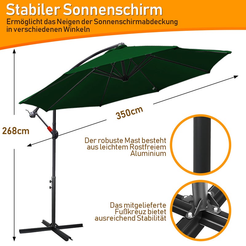Ombrellone Con LED 350 Cm Ombrellone Da Giardino Ombrellone Da Balcone Rotondo Funzione Di Inclinazione Idrorepellente 360 Girevole Verde 90476399