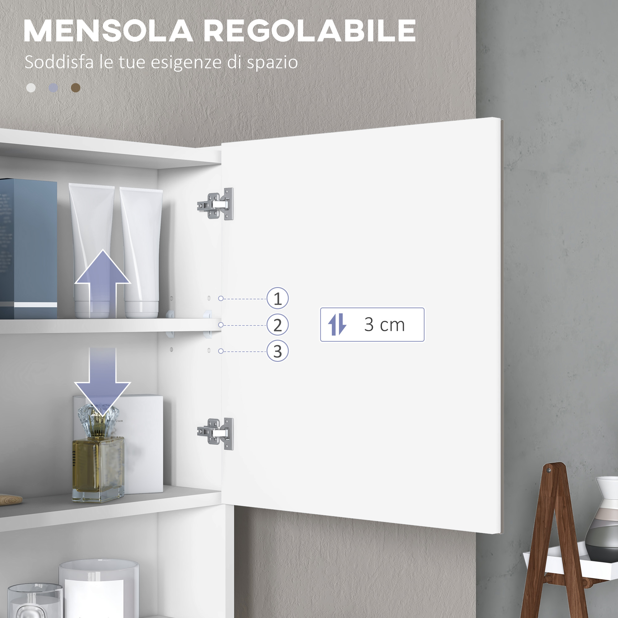 HOMCOM Armadietto con Specchio a Muro, Luci a LED, Ripiano Aperto e Ripiano Interno Regolabile, Vetro e MDF, 80x15x60cm - 6