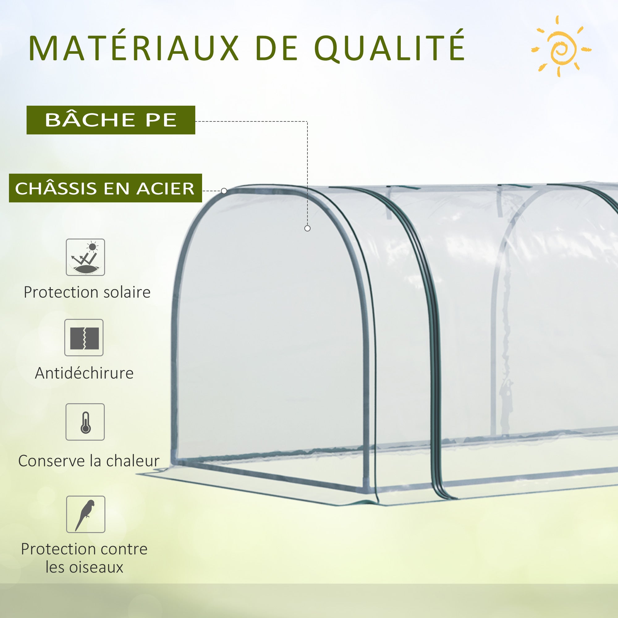 Mini serre tunnel tomate 3,5x1x0,8m, acier PVC haute densité anti-UV, 3 fenêtres zippées enroulables, pour potager, vert et transparent - 6