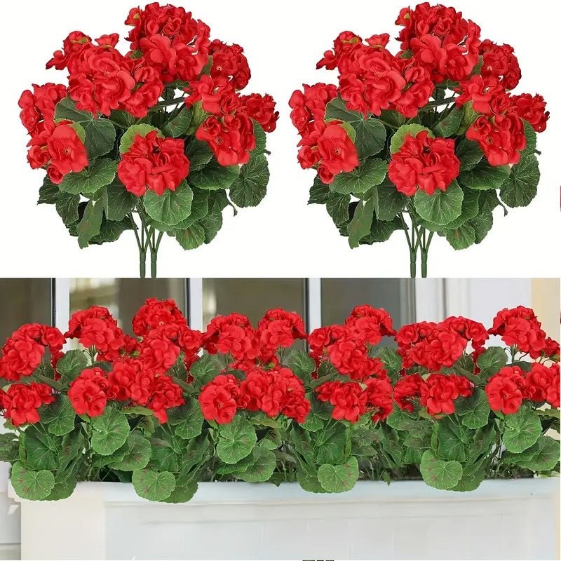 Zestaw 5 sztucznych pelargonii na zewnątrz, dekoracje ogrodowe, ślub, sztuczne kwiaty i rośliny, czerwone, 35 cm