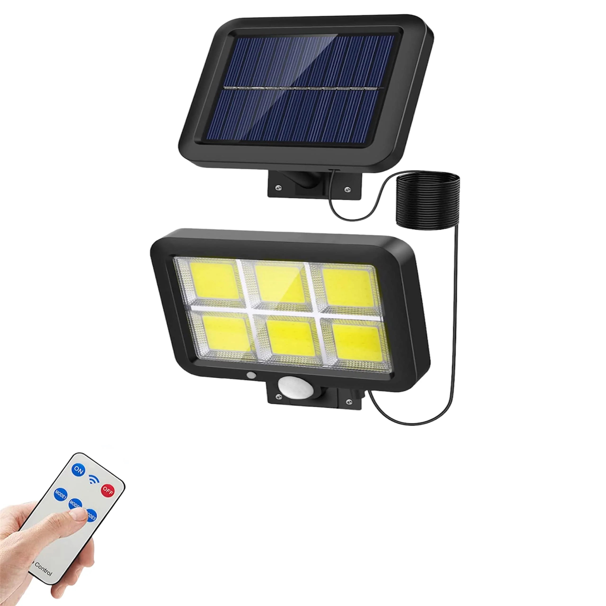 Lampa solarna z czujnikiem ruchu i pilotem zdalnego sterowania, 3 tryby pracy, kabel 5 m, wodoodporność IP65 do garażu i ogrodu (białe światło 6000 K)