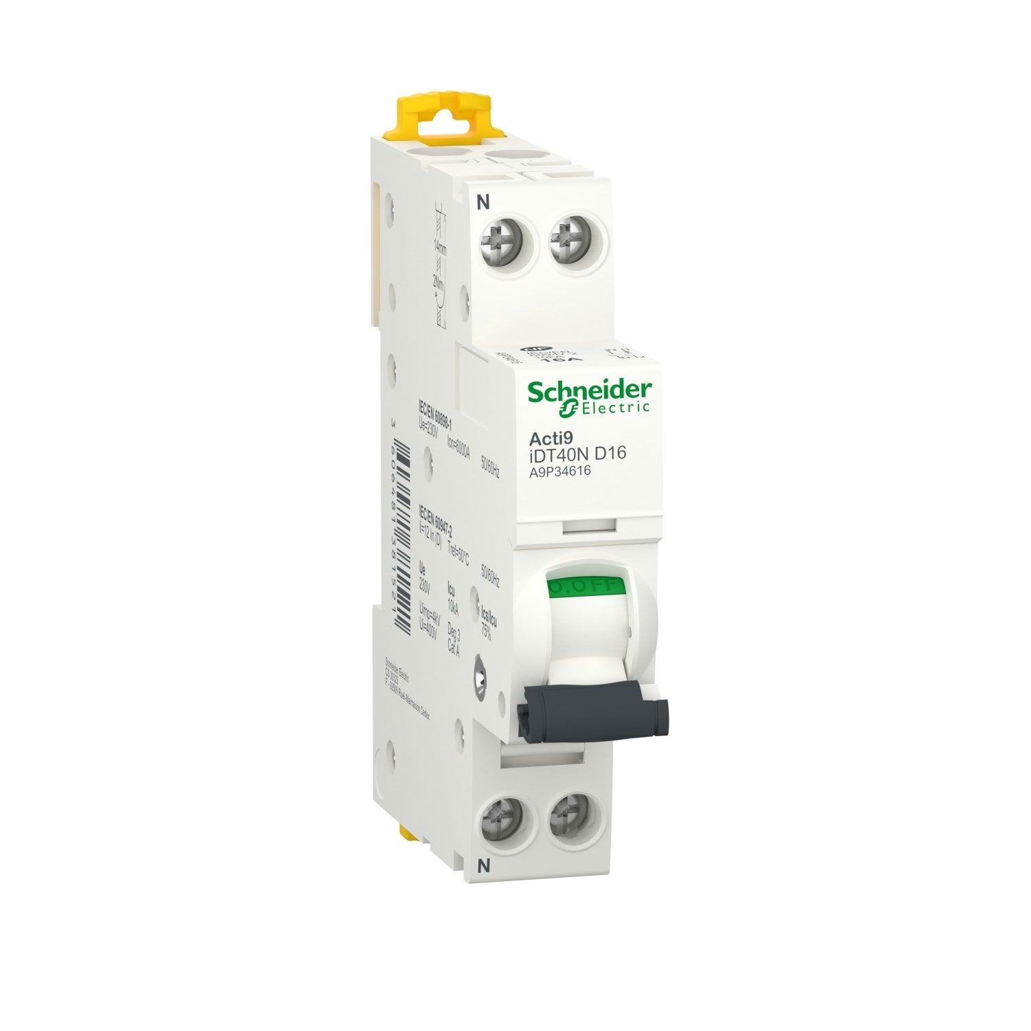 Disjoncteur 16A - iDT40N Acti9 - 10kA - Courbe D - 1P+N - 2