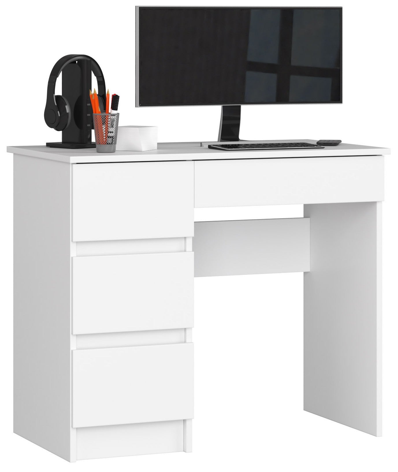 Biurko komputerowe AKORD A7 Białe 90 cm lewe 4 szuflady kolor Biały mat 90x50x77 cm