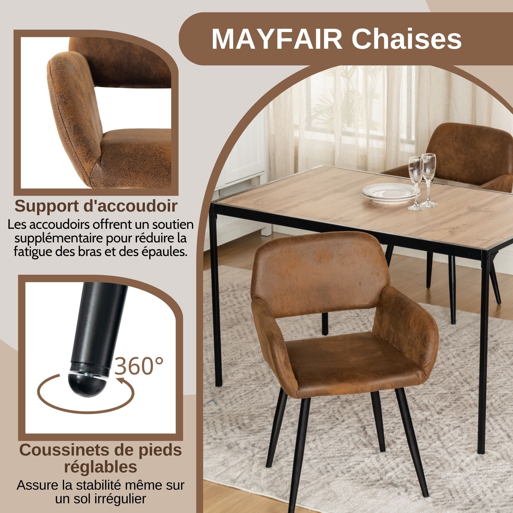 Lot de 2 Chaises de Salle à Manger avec Accoudoirs, Revêtement Effet Daim Marron Vintage, Pieds en Métal Noir, Confort et Élégance - 6