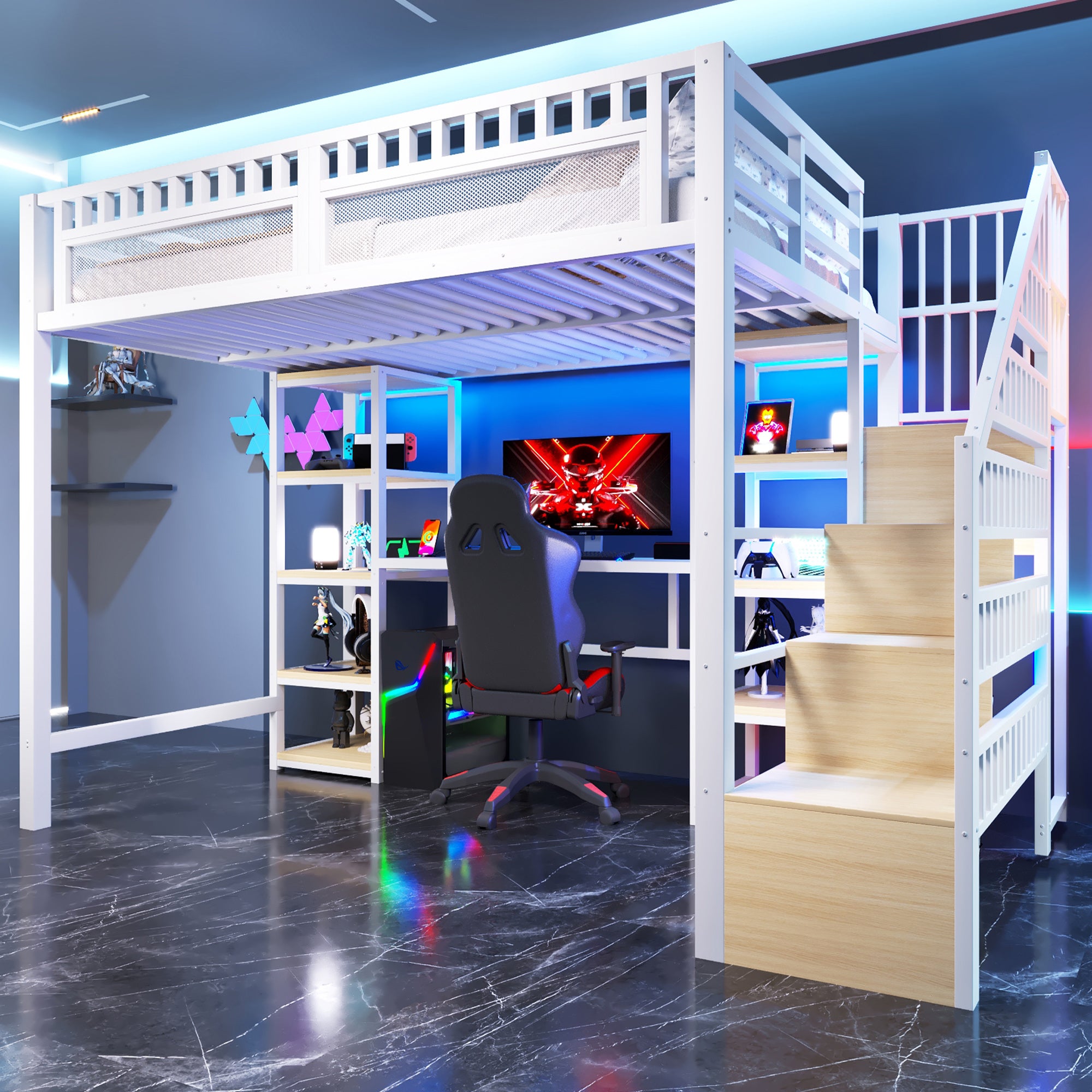 Łóżko piętrowe 140 x 200 cm z biurkiem, półkami - MDF + rama żelazna - listwa świetlna LED i port USB - białe (materac nie jest wliczony w cenę) - 6