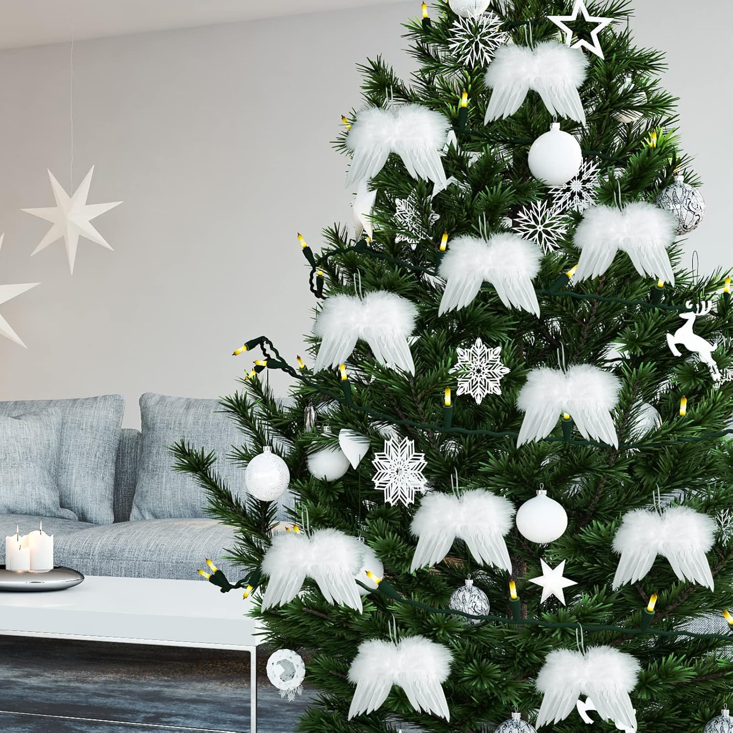 12 peças de enfeites de Natal vintage com penas brancas, asas de anjo com penas brancas, decoração de árvore para artesanato faça você mesmo - 4