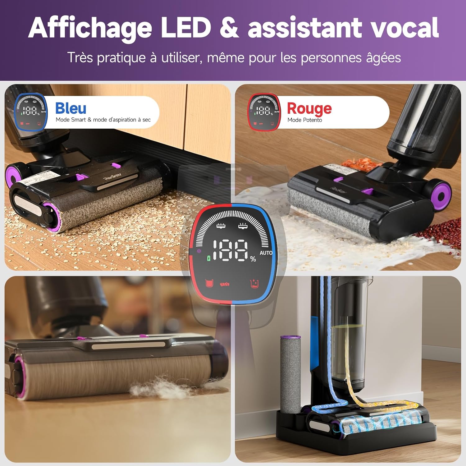 Aspirador sem fios para pó e água, aspiradores verticais e vassouras elétricas, 35 min, LED, autolimpante,Redkey W15 - 3