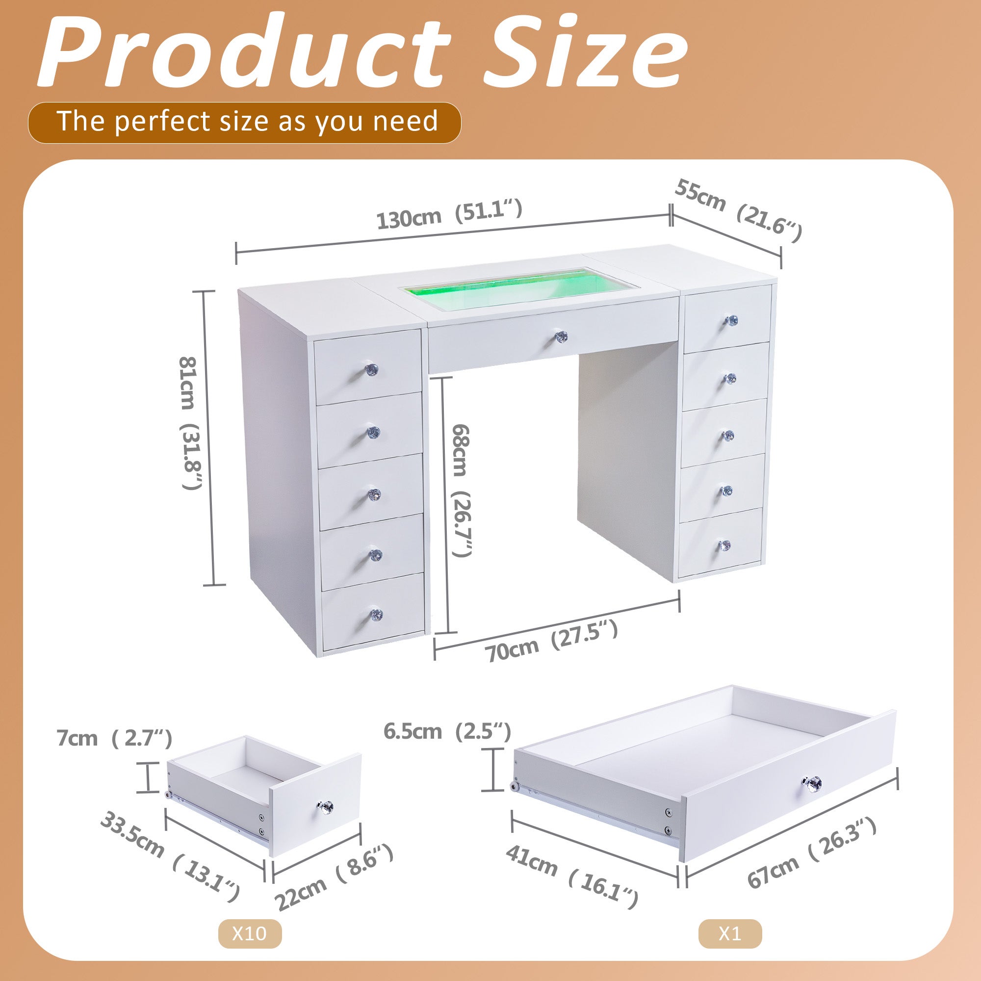 Coiffeuse avec miroir LED, 11 Tiroirs - 130 x 55 x 81 cm - RVB - avec Bluetooth Miroir Style Cristal (80 x 58 x 15 cm) - 7