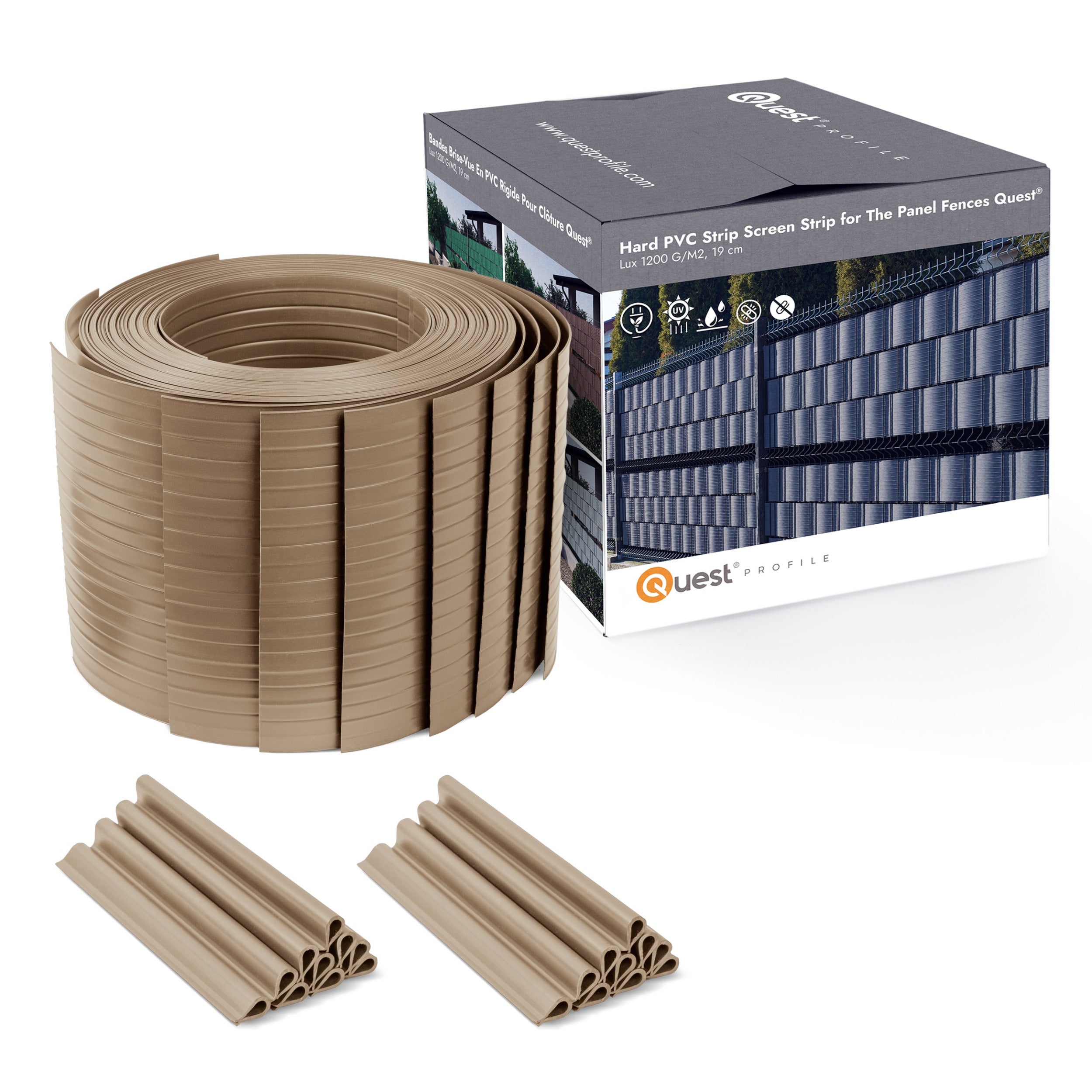 QUEST Taśma ogrodzeniowa PCV 19cm, listwa do ogrodzeń panelowych premium, 900 g/m2, RAL1019, beż, 10 x 2,525 + 20 x klipsy
